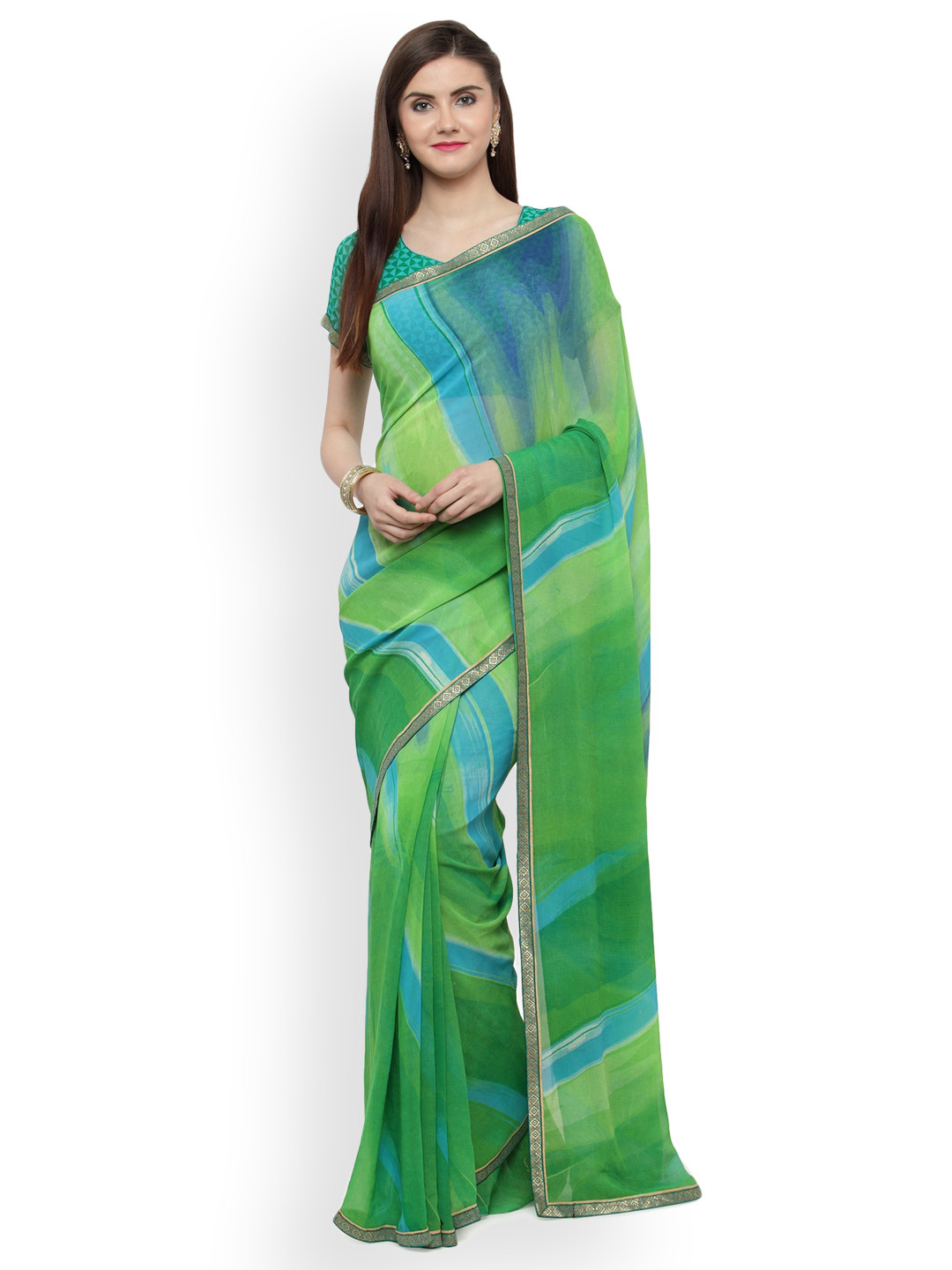 

Shaily Green Printed Pure Georgette Saree