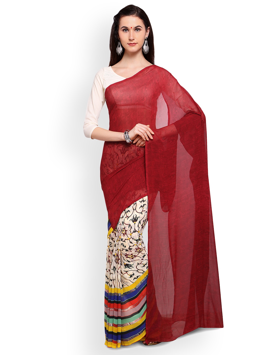 

Saree mall Maroon & Off-White Printed Half & Half Poly Georgette Saree