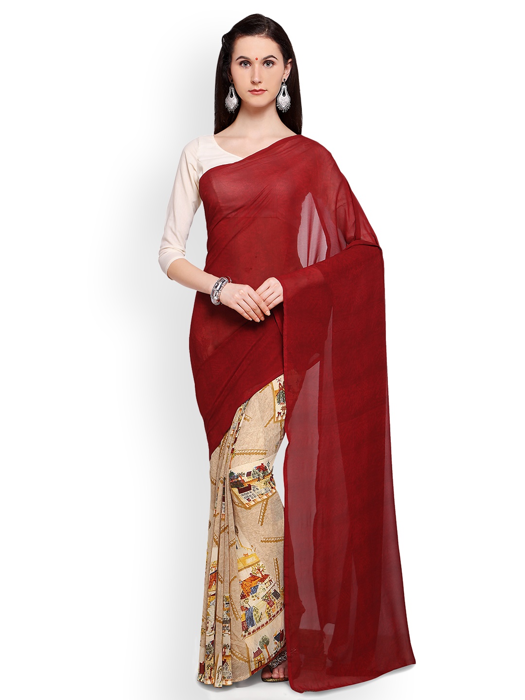 

Saree mall Maroon & Beige Half & Half Poly Georgette Printed Saree