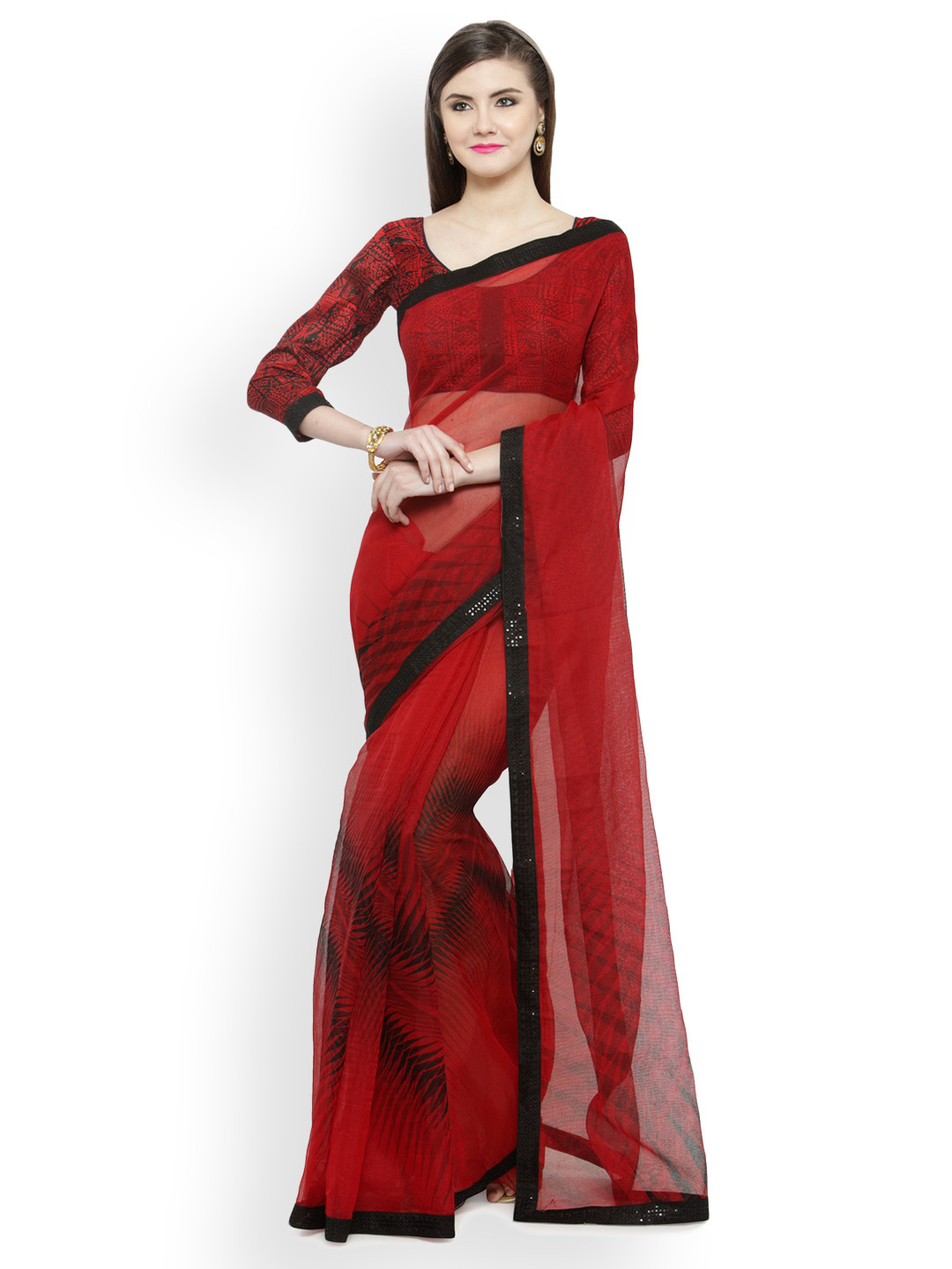 

Shaily Red & Black Cotton Blend Printed Saree