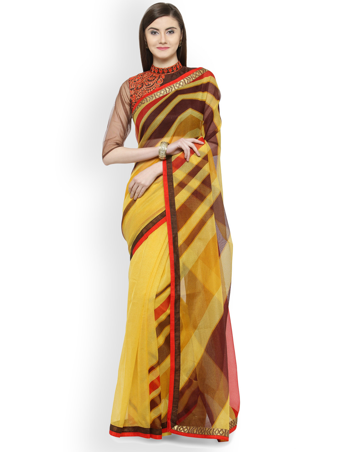 

Shaily Yellow & Brown Cotton Blend Printed Saree