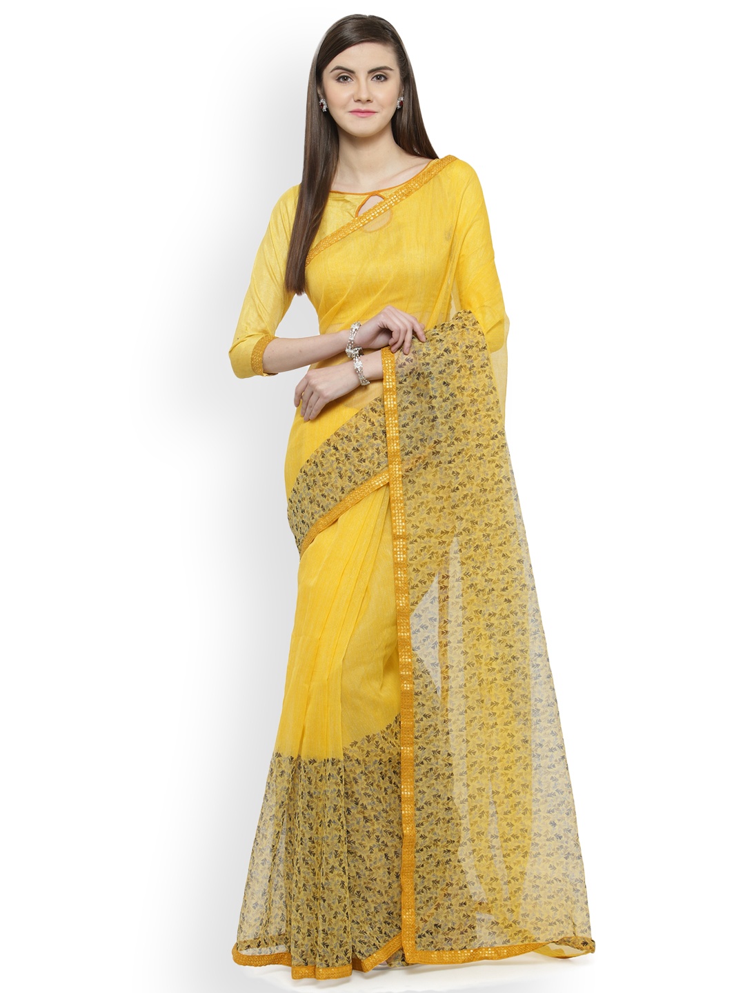 

Shaily Yellow Printed Cotton Blend Saree