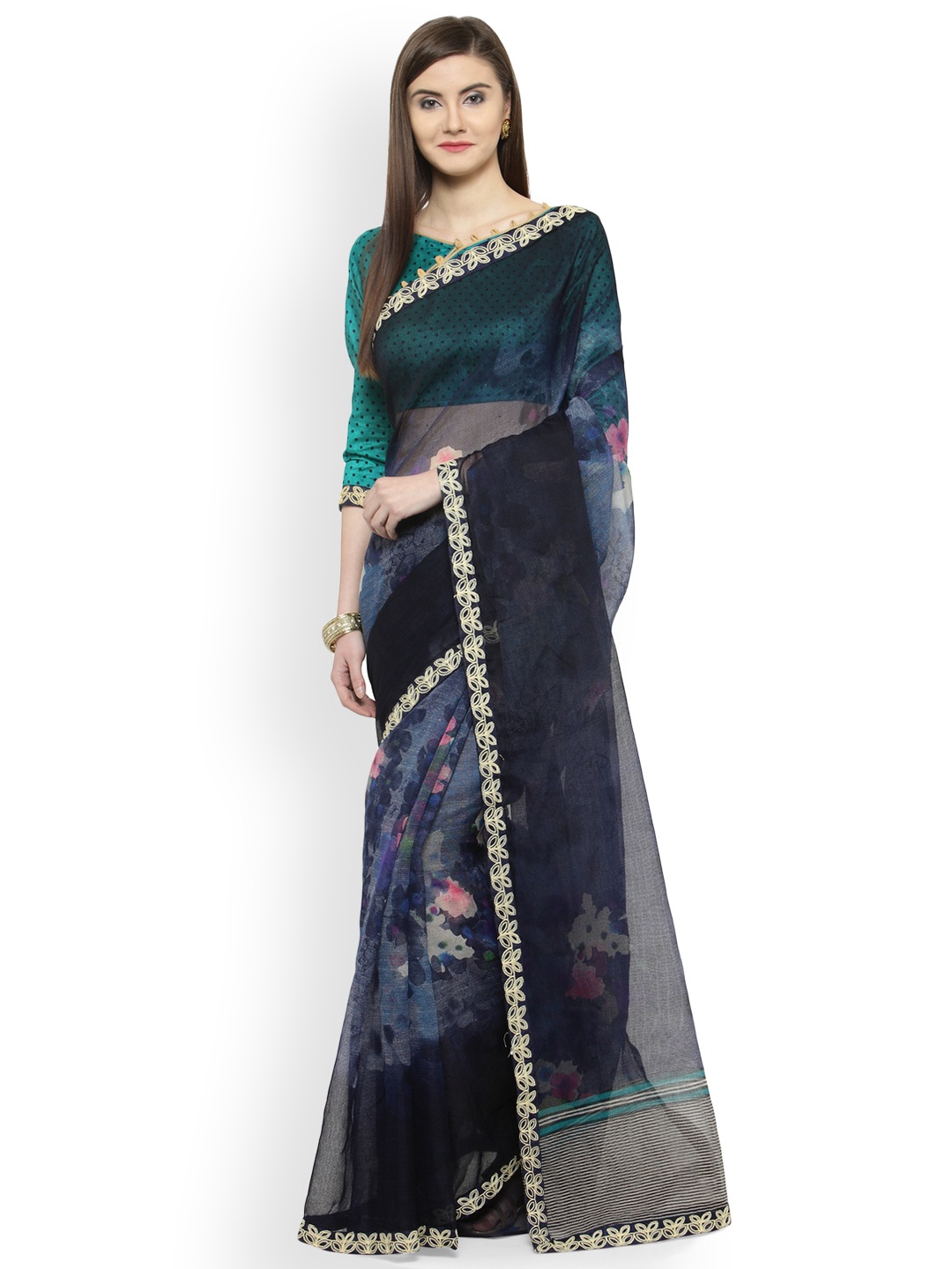 

Shaily Blue Printed Cotton Blend Saree