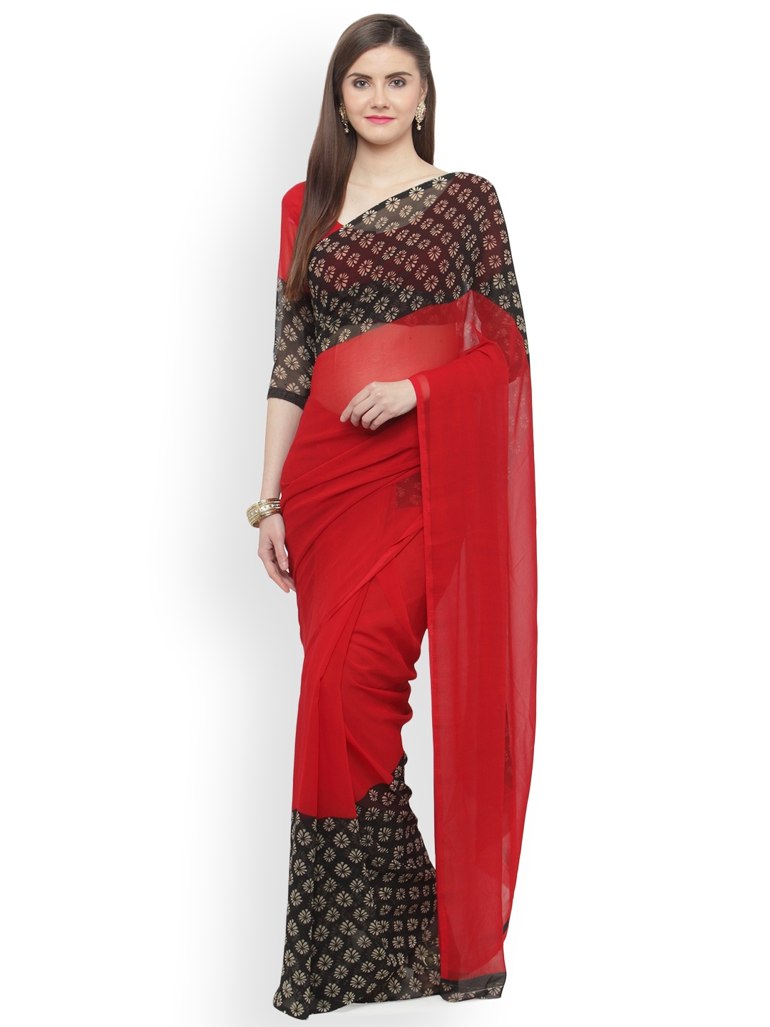 

Shaily Black & Red Pure Georgette Printed Saree