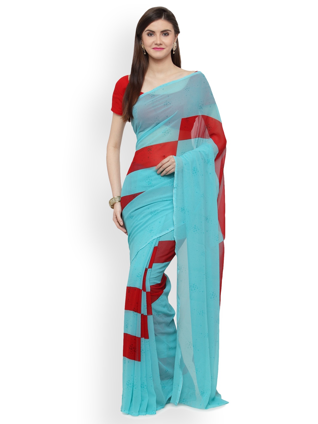 

Shaily Red & Blue Pure Georgette Printed Saree