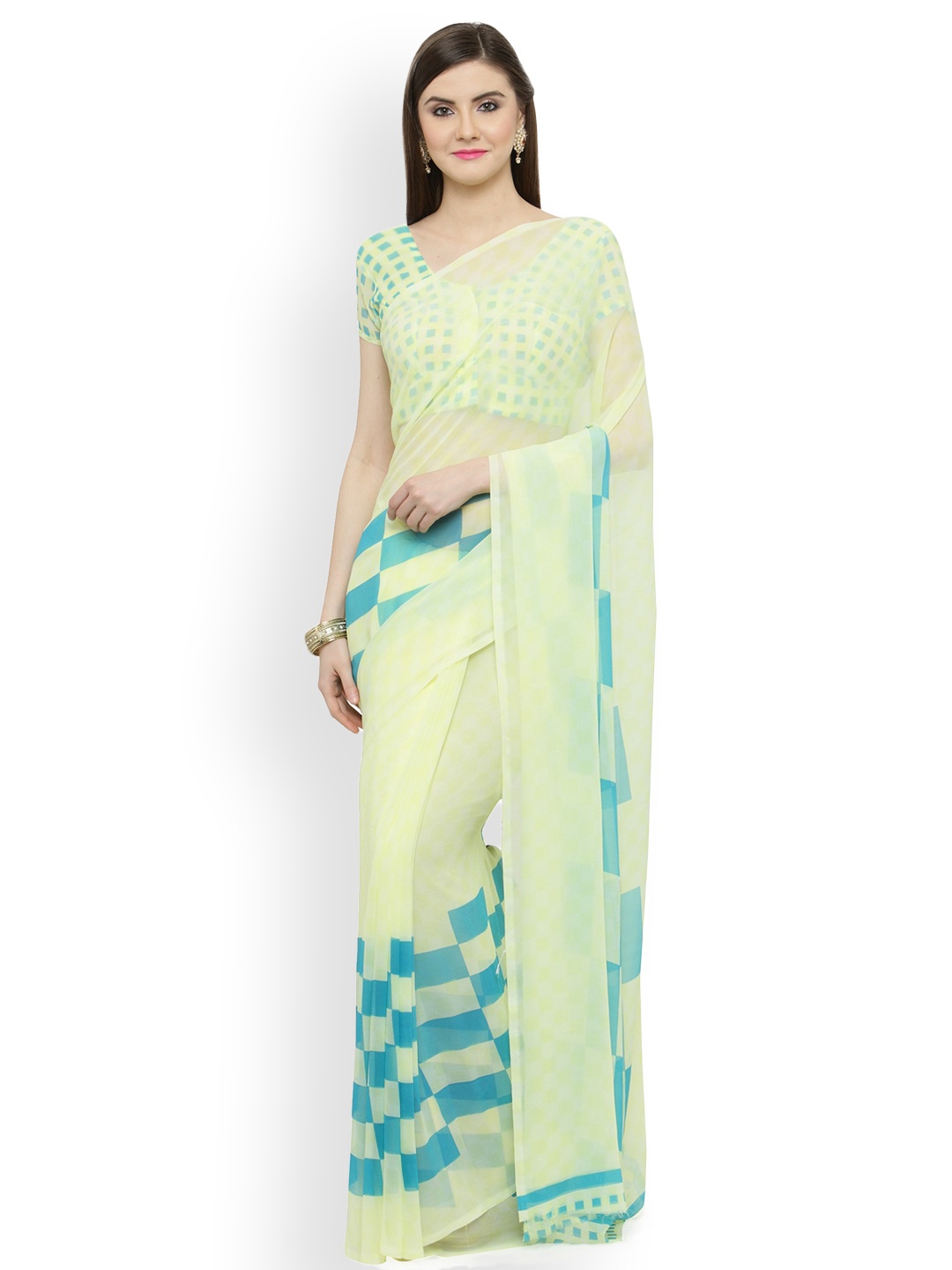 

Shaily Yellow & Blue Pure Georgette Printed Saree