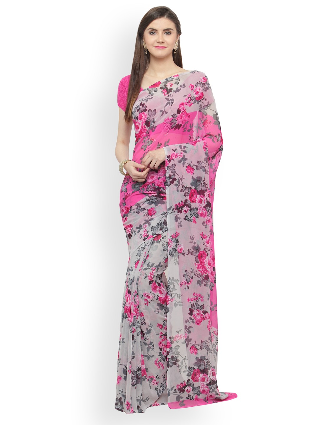 

Shaily Pink Floral Print Pure Georgette Saree