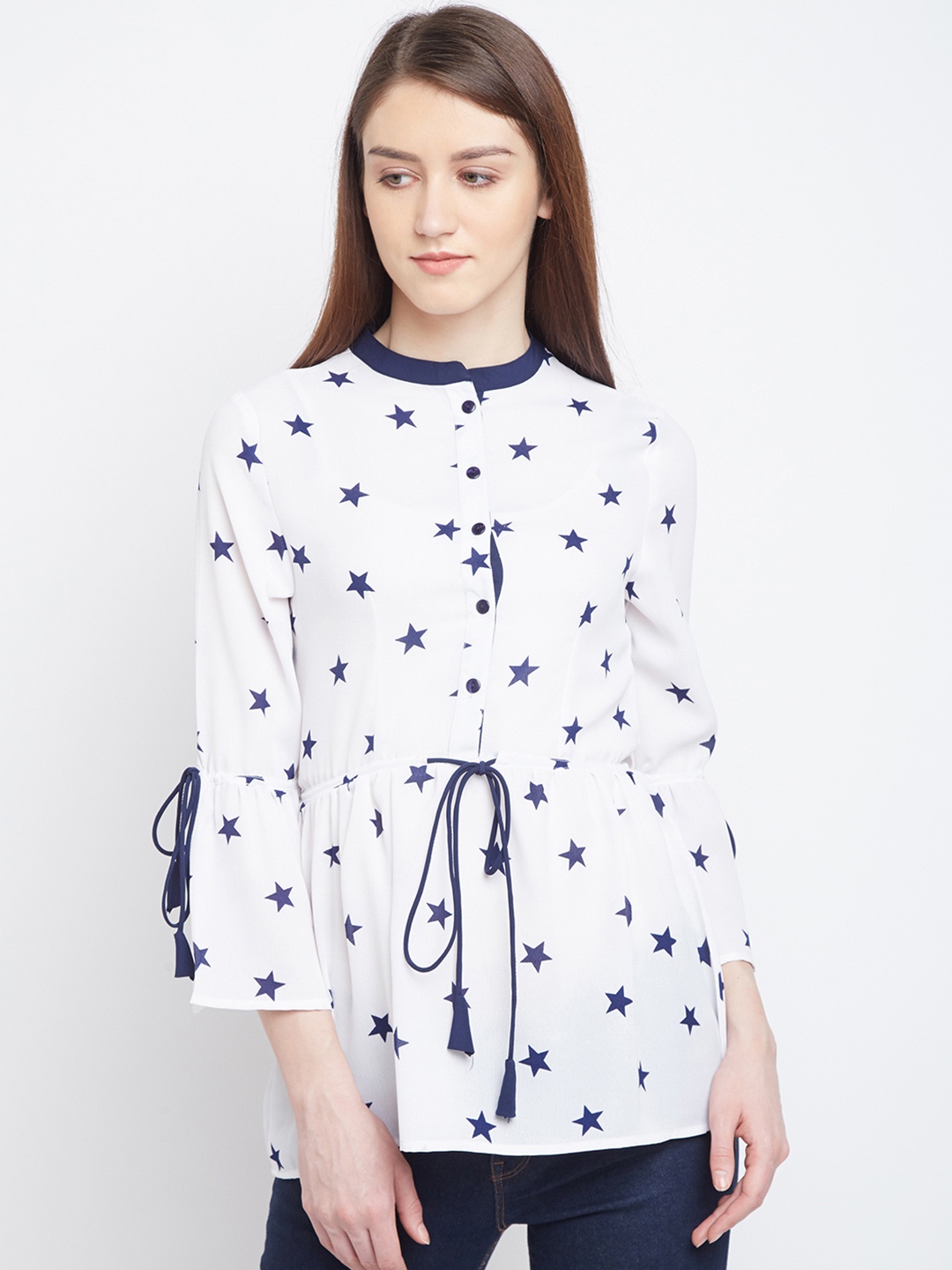 

PANIT Women Blue & White Conversational Printed Cinched Waist Top