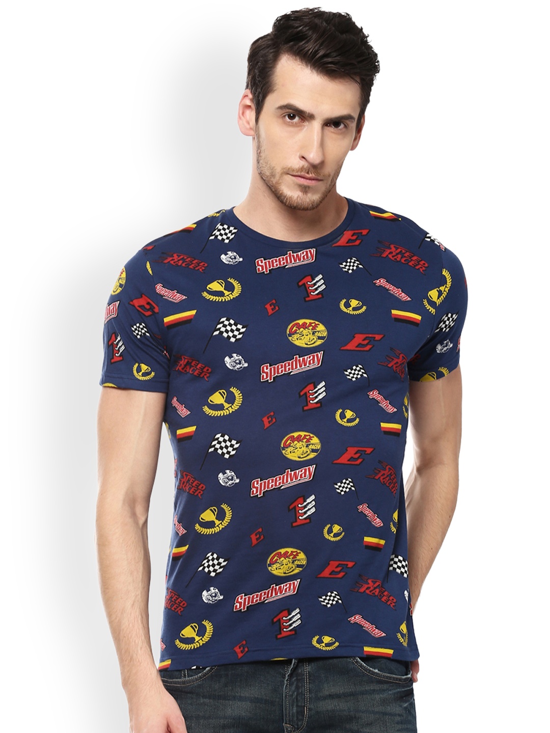 

People Men Navy Blue Printed Round Neck T-shirt