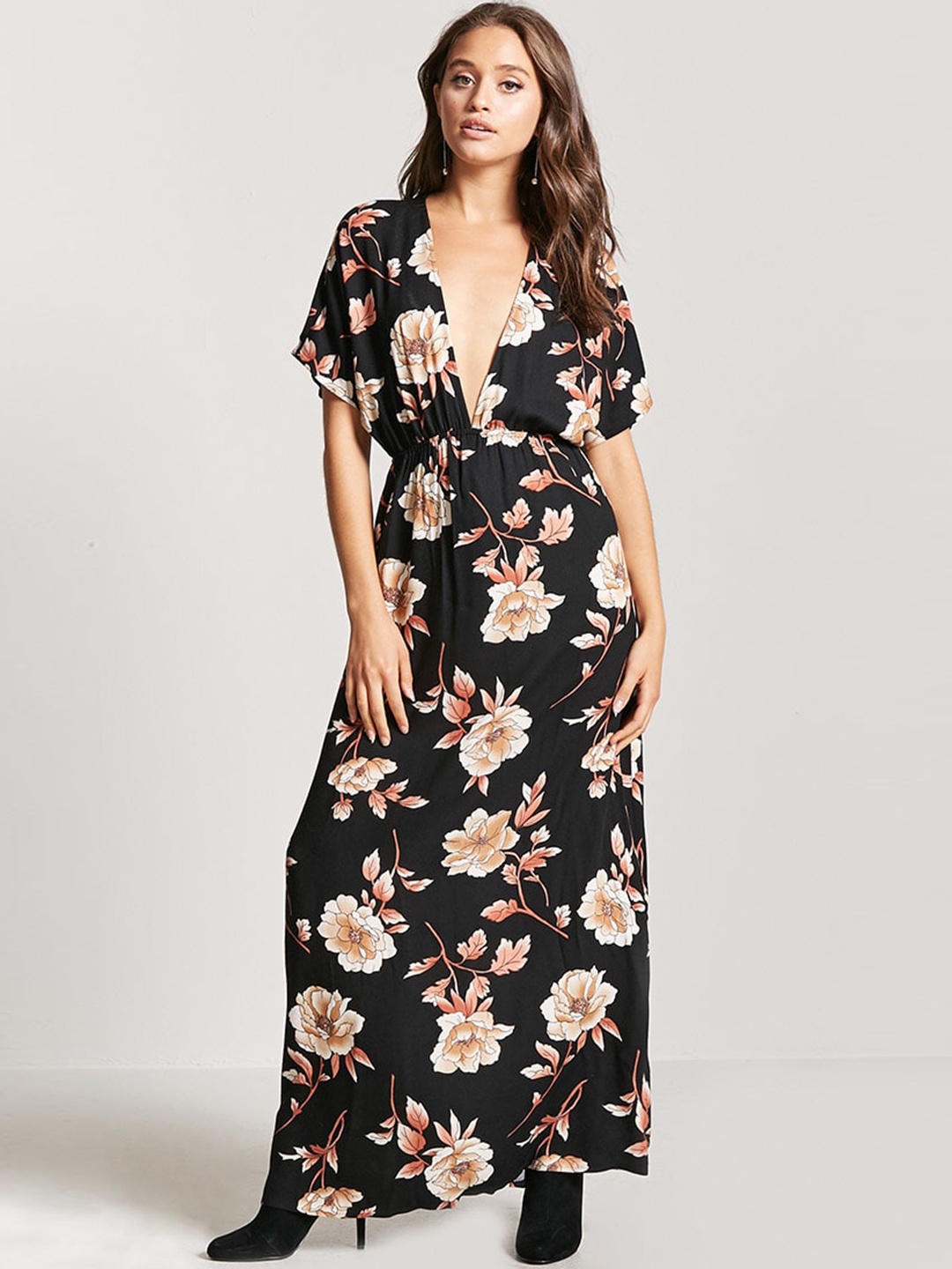

FOREVER 21 Women Black Floral Printed A-Line Dress