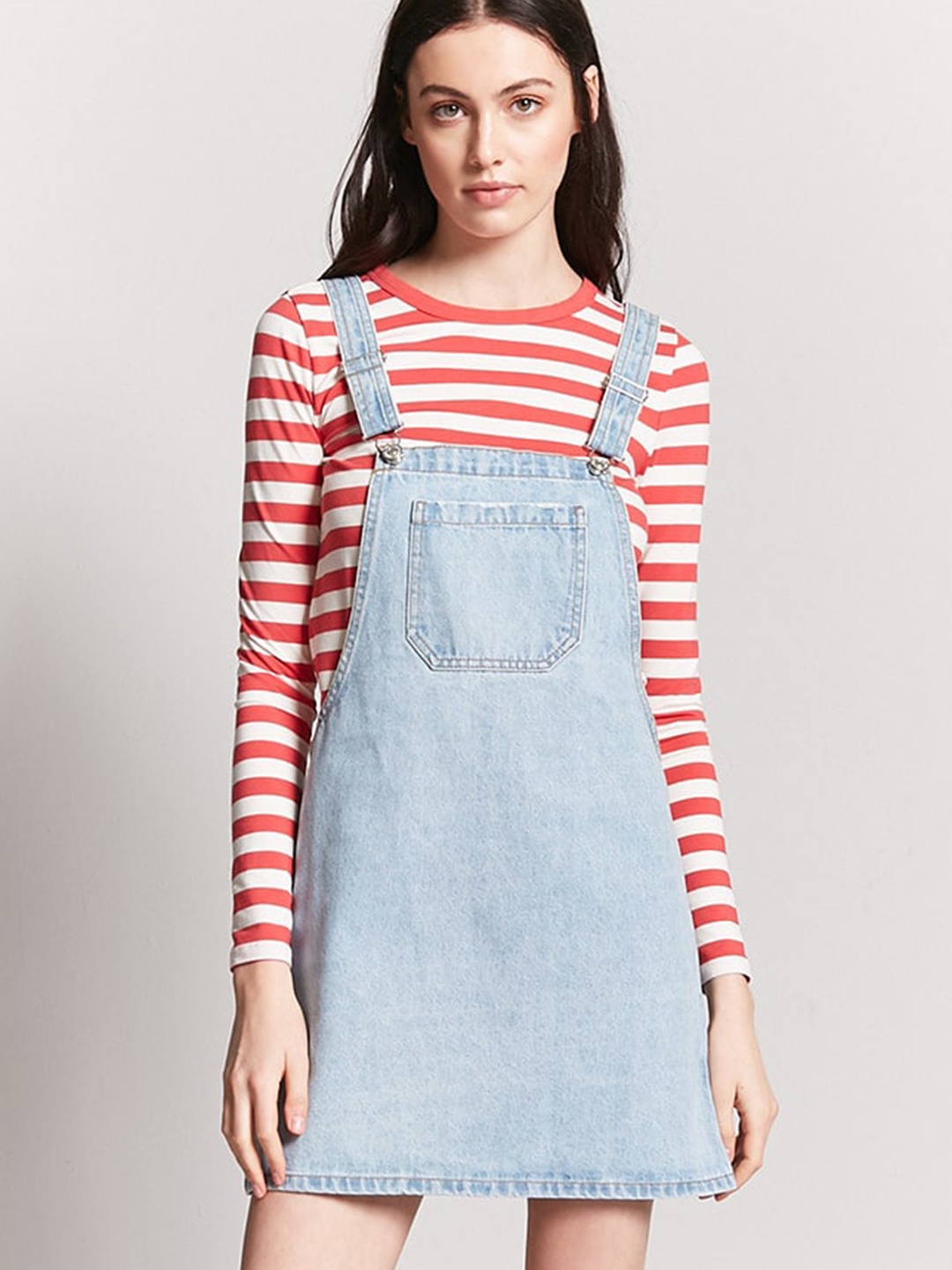 

FOREVER 21 Women Blue Solid Denim Pinafore Dress