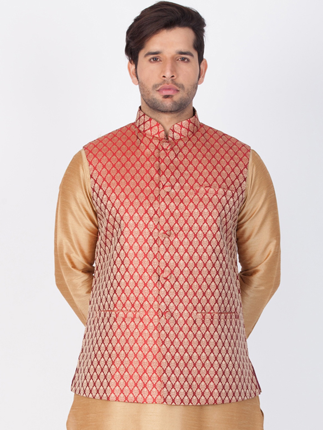 

Vastramay Men Rust Red Maroon Woven Design Nehru Jacket