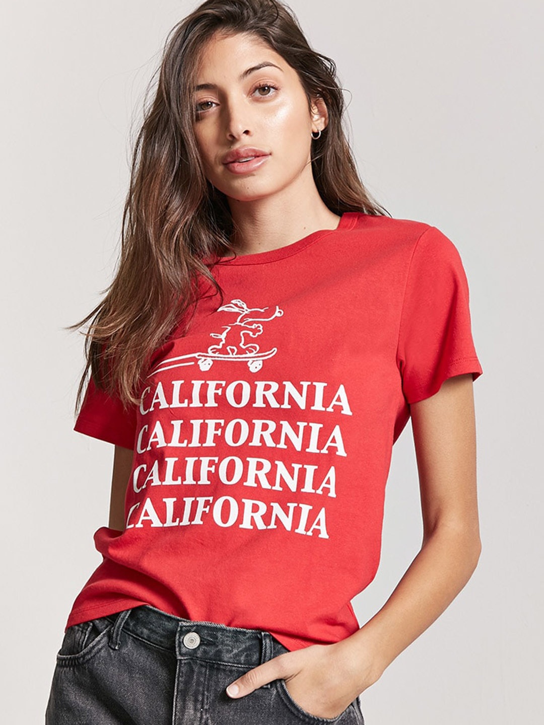 

FOREVER 21 Women Red & White Printed Round Neck T-shirt