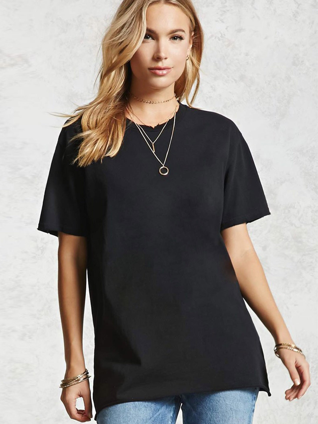 

FOREVER 21 Women Black Solid Round Neck Pure Cotton T-shirt