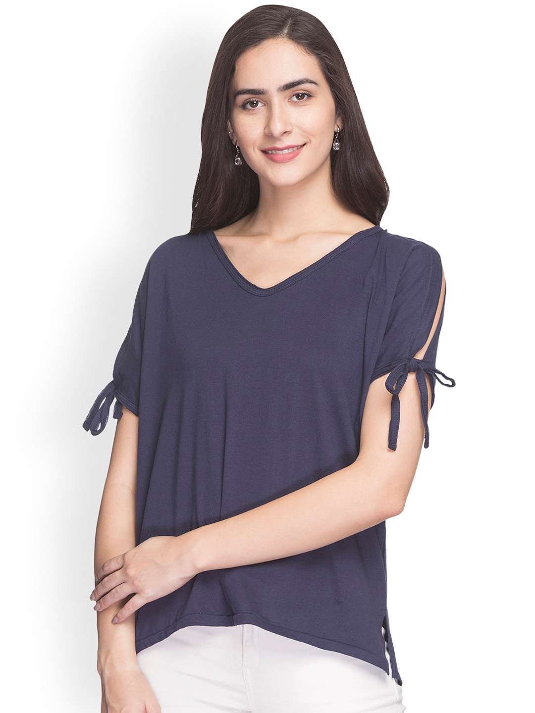 

Globus Women Navy Blue Solid Boxy Top