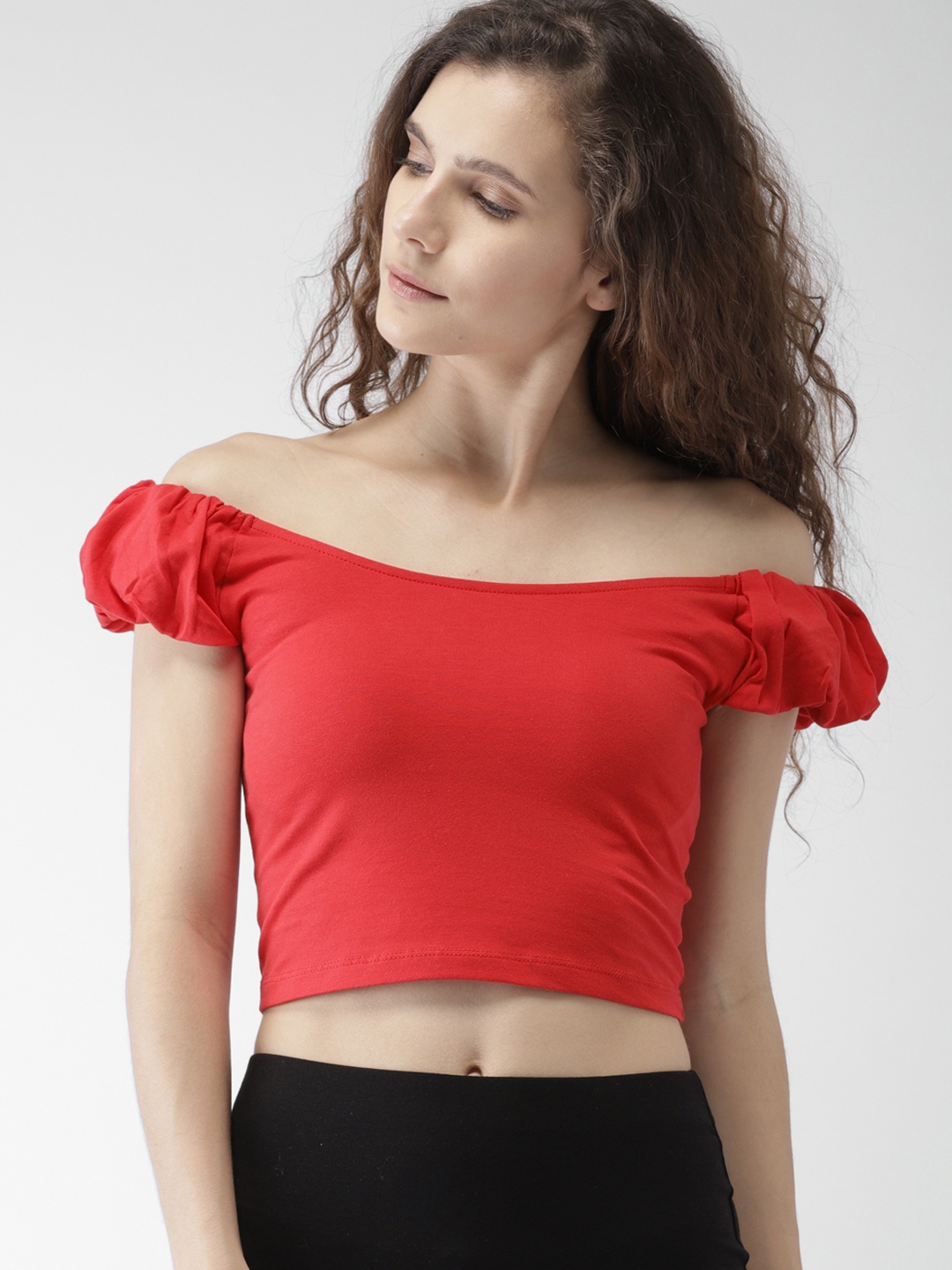 

FOREVER 21 Women Red Solid Crop Bardot Top
