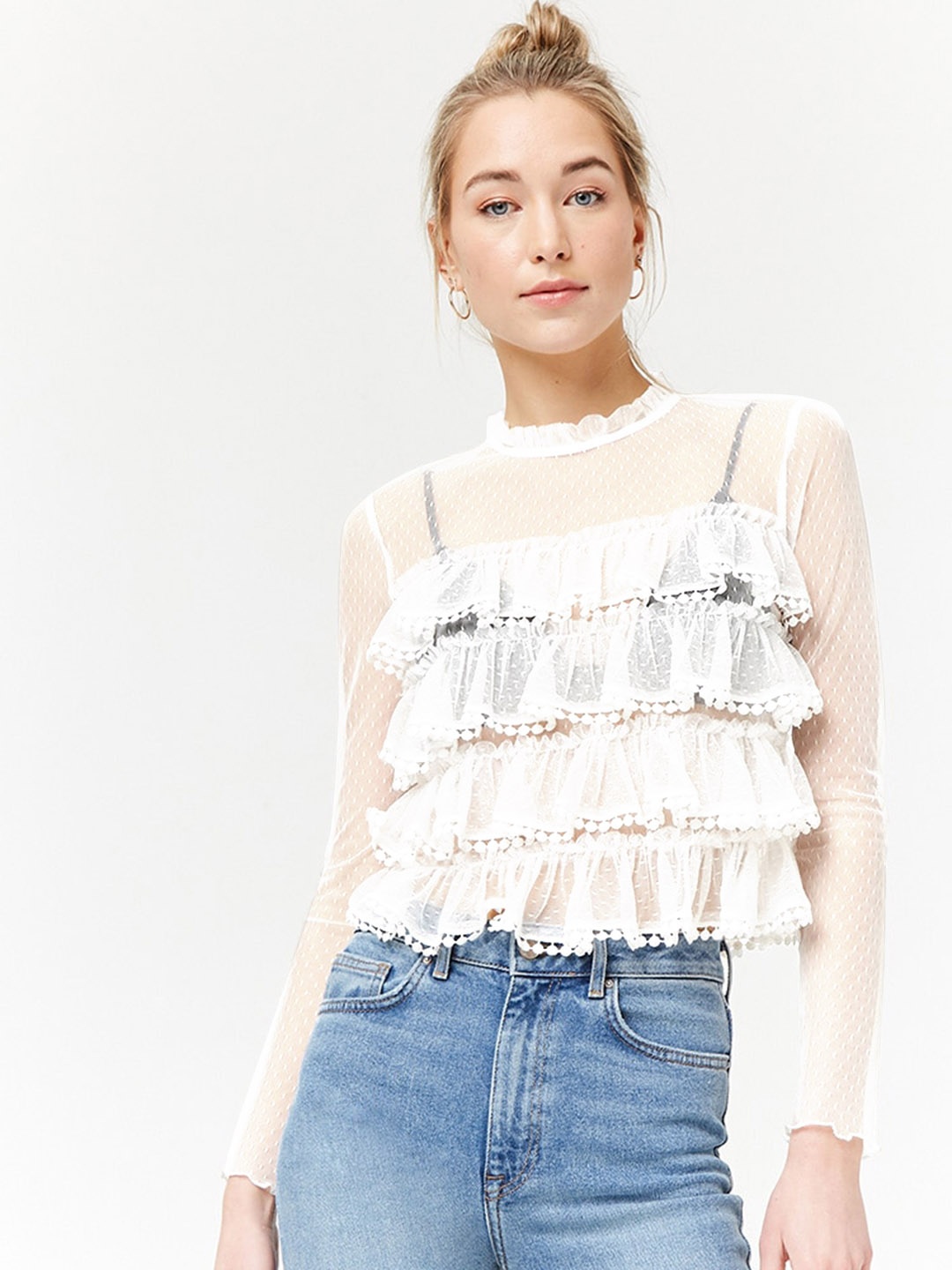 

FOREVER 21 Women White Net Self-Design Ruffled Top