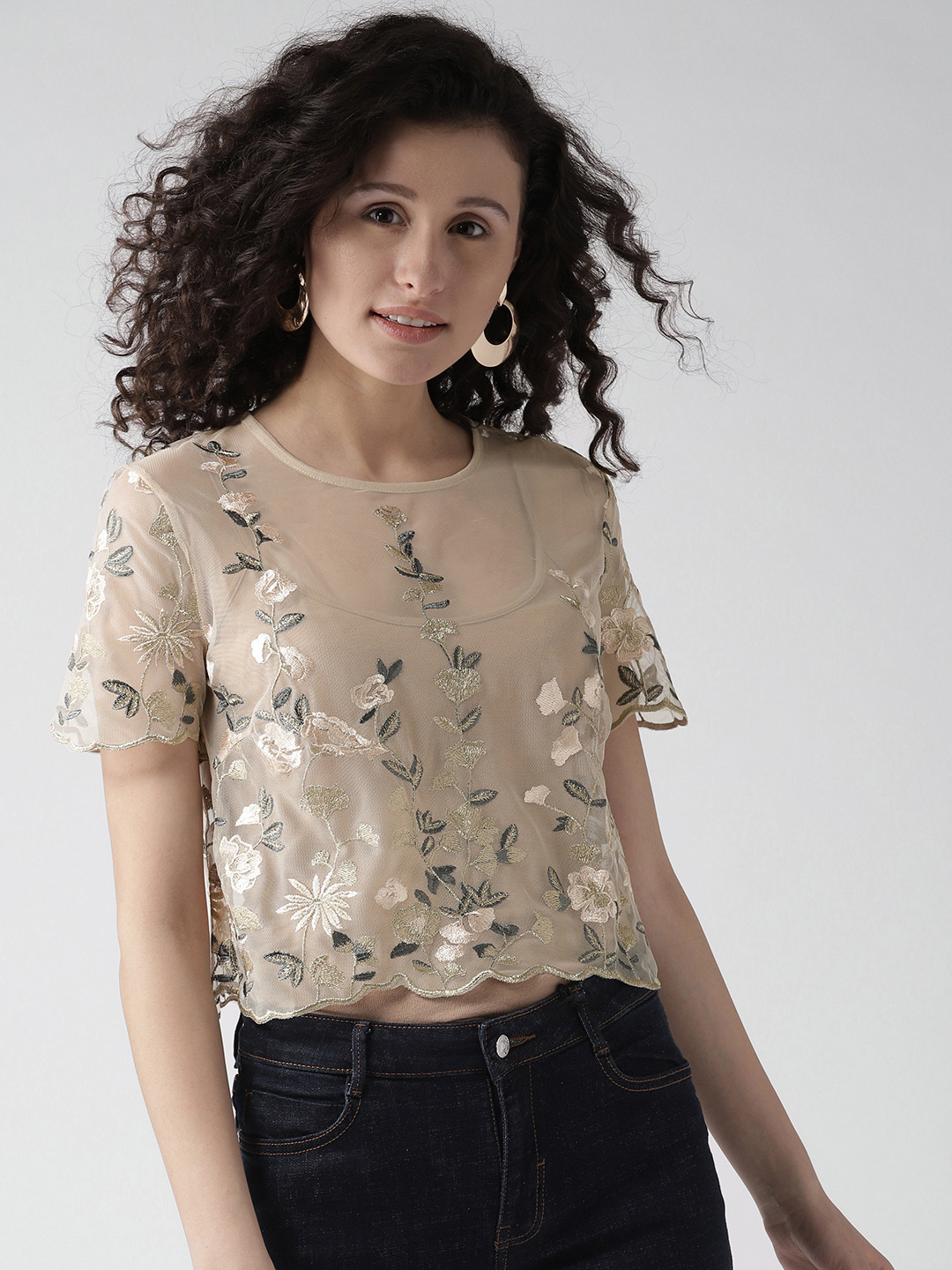 

FOREVER 21 Women Beige Embroidered Sheer Top