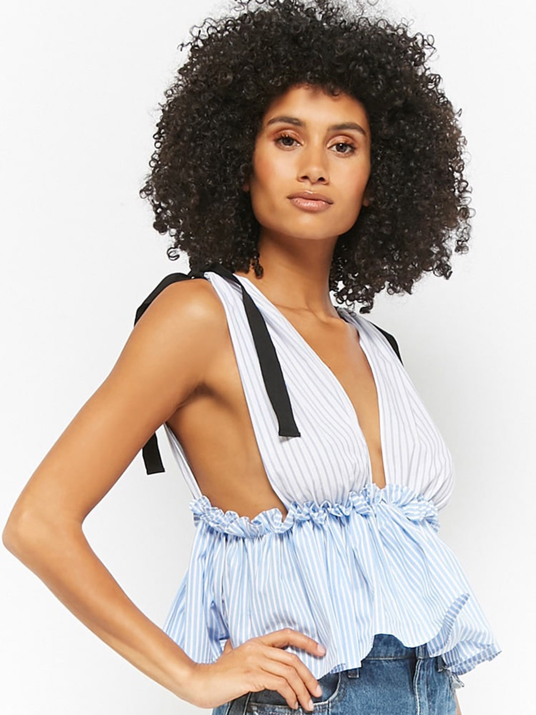 

FOREVER 21 Women Blue Striped Empire Pure Cotton Top