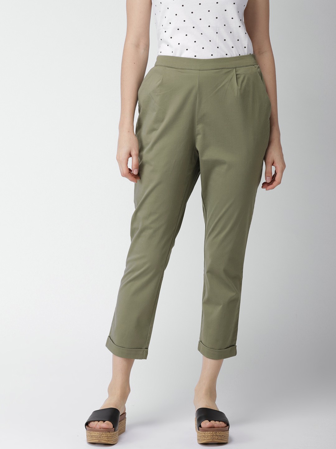 

FOREVER 21 Women Olive Green Regular Fit Solid Regular Trousers