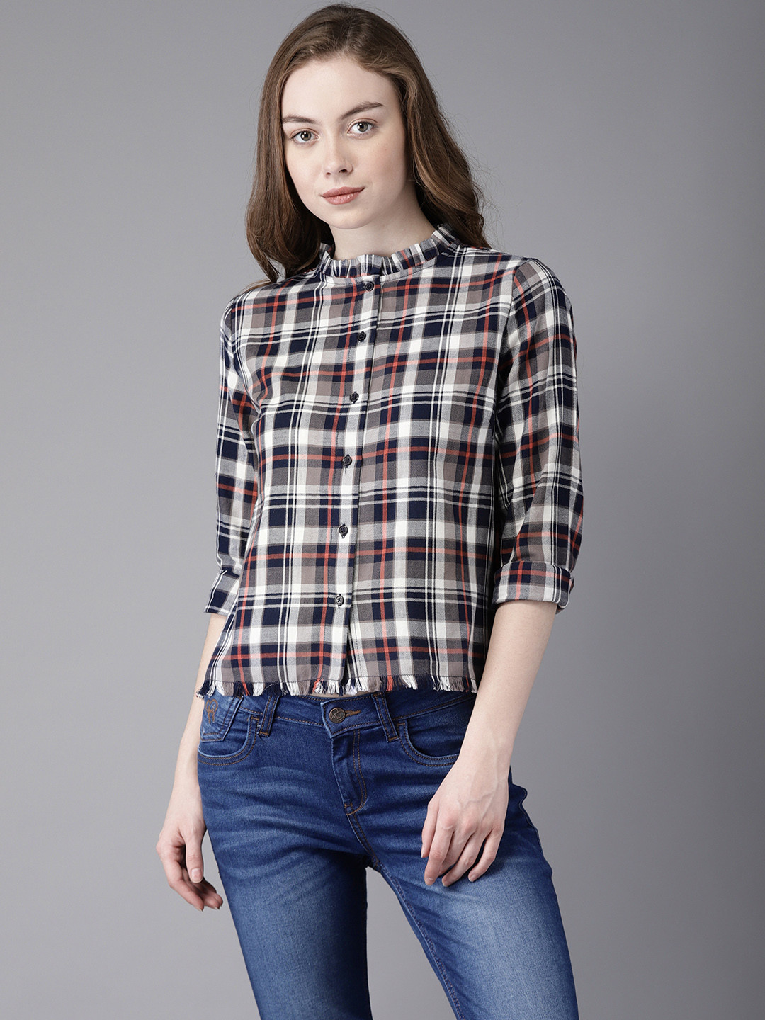 

Flying Machine Women Navy Blue & Off-White Regular Fit Checked Casual Shirt