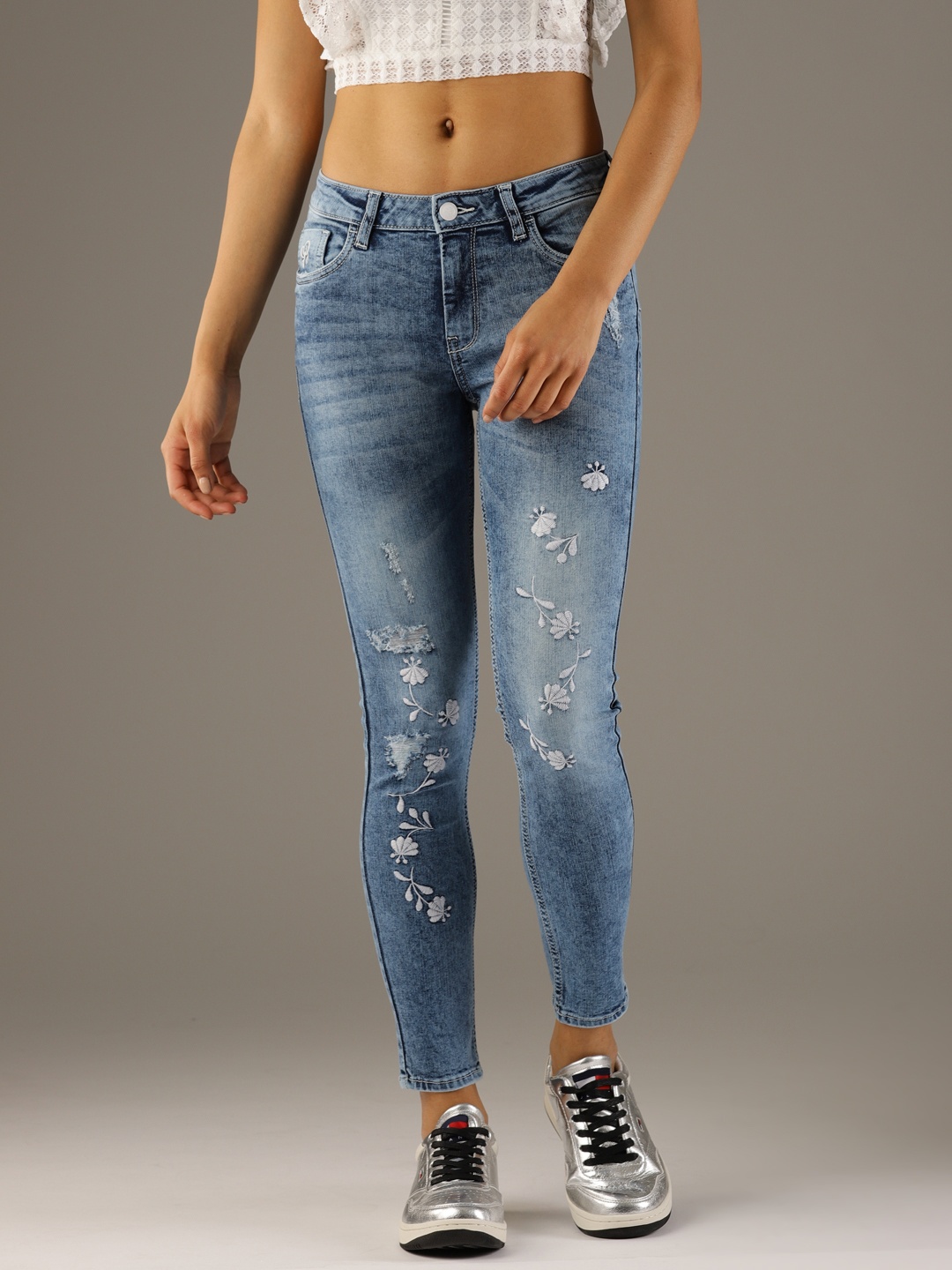 

Flying Machine Women Blue Super Skinny Fit Mid-Rise Low Distress Stretchable Jeans