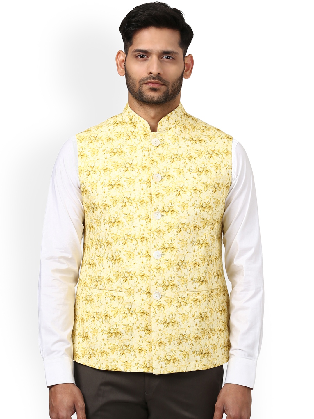 

ethnix by Raymond Men Yellow Khadi Pure Cotton Printed Nehru Jacket