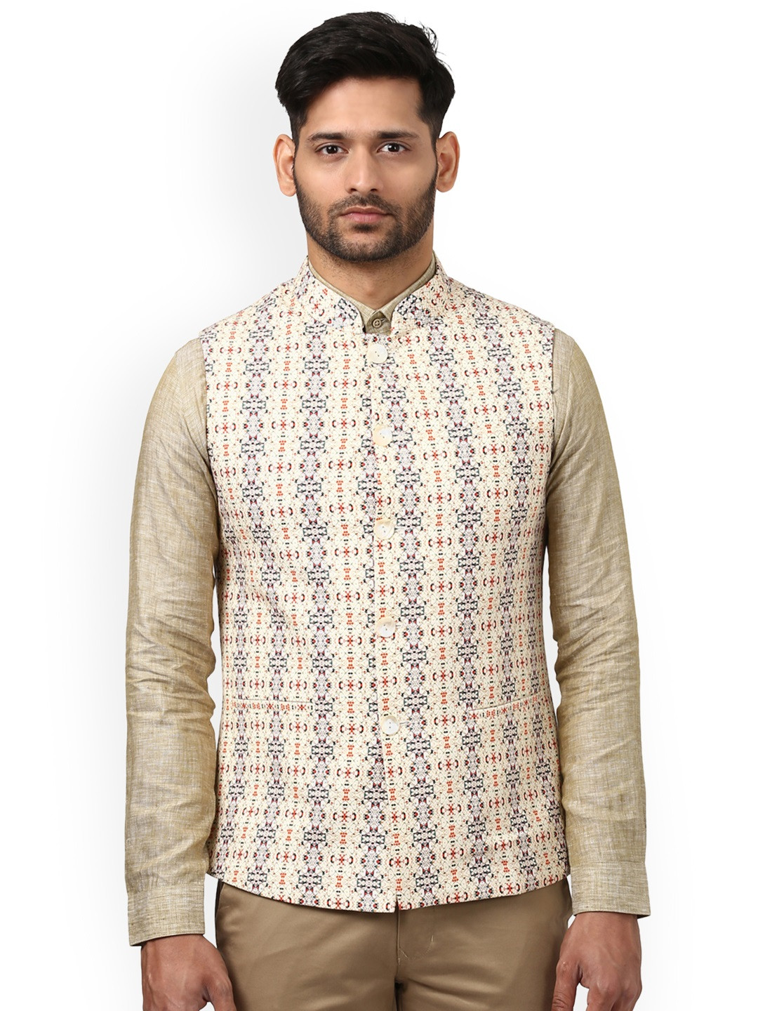 

ethnix by Raymond Men Beige Khadi Cotton Printed Pure Cotton Nehru Jacket