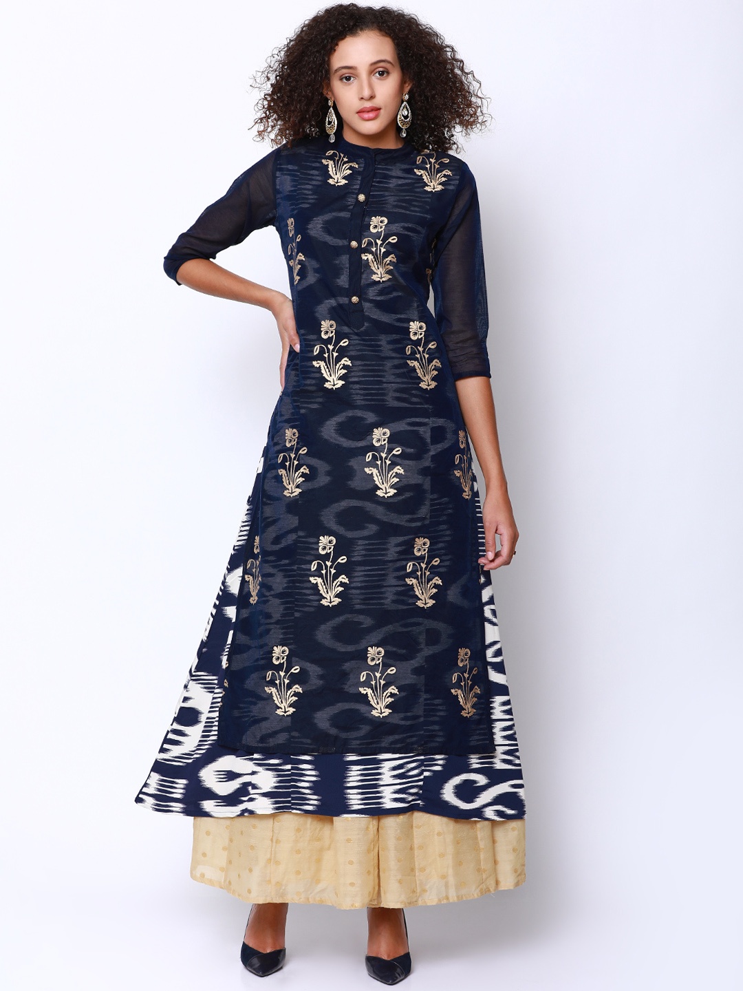 

Vishudh Women Navy Blue & Gold-Toned Printed A-Line Kurta