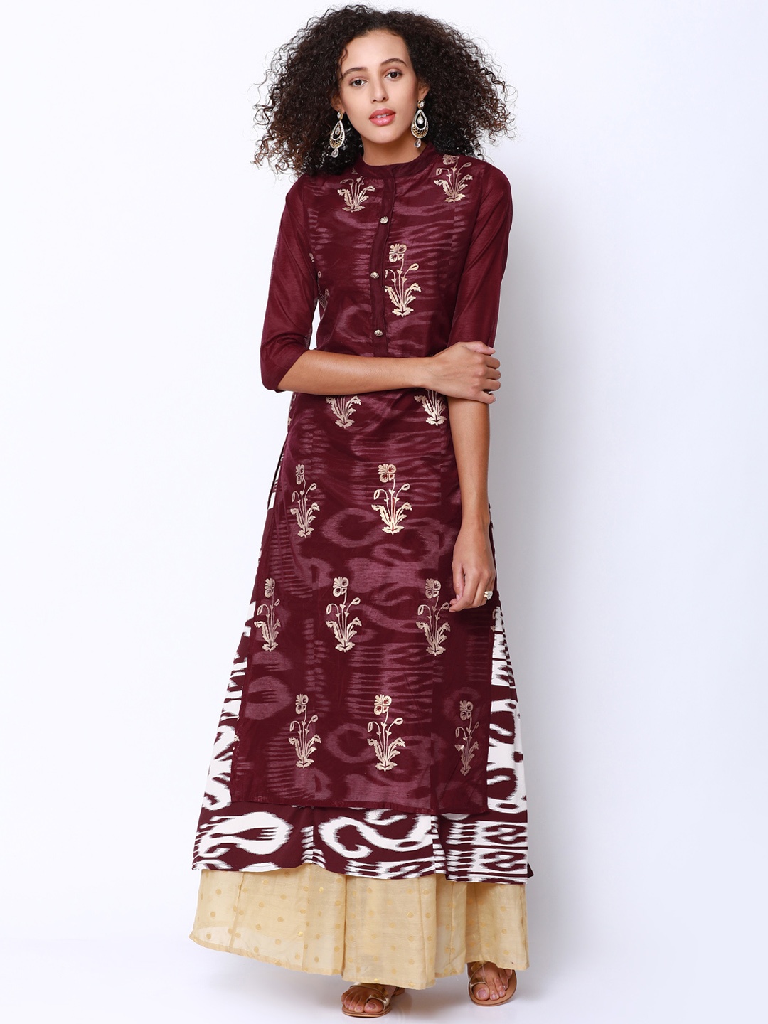 

Vishudh Women Maroon & Gold-Toned Printed A-Line Kurta