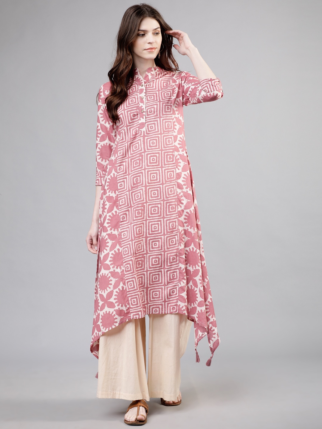 

Vishudh Women Pink & White Printed Asymmetric A-Line Kurta