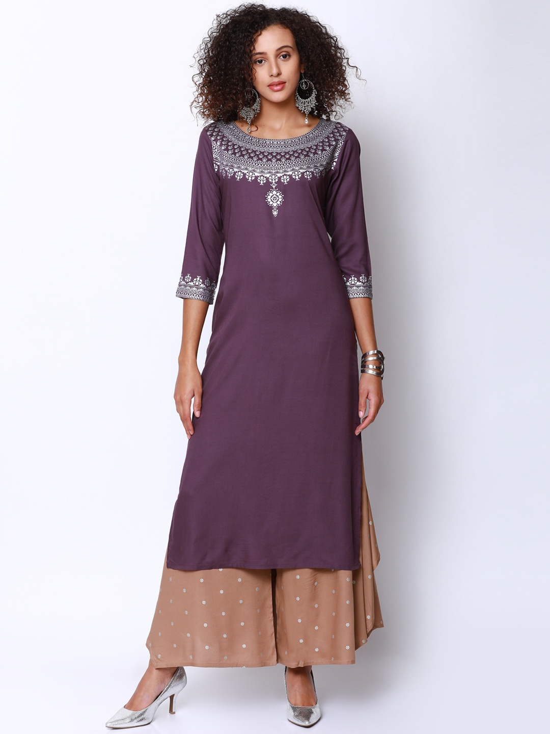 

Vishudh Women Purple & Beige Solid Kurta with Palazzos