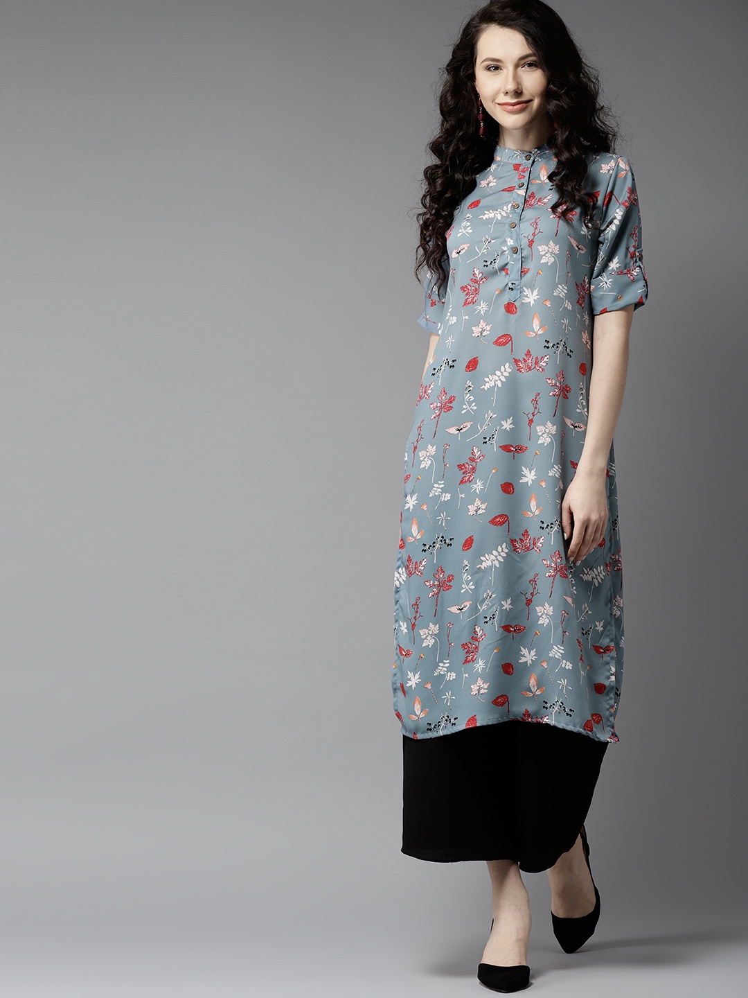 

Moda Rapido Women Grey & Red Floral Print Straight Kurta