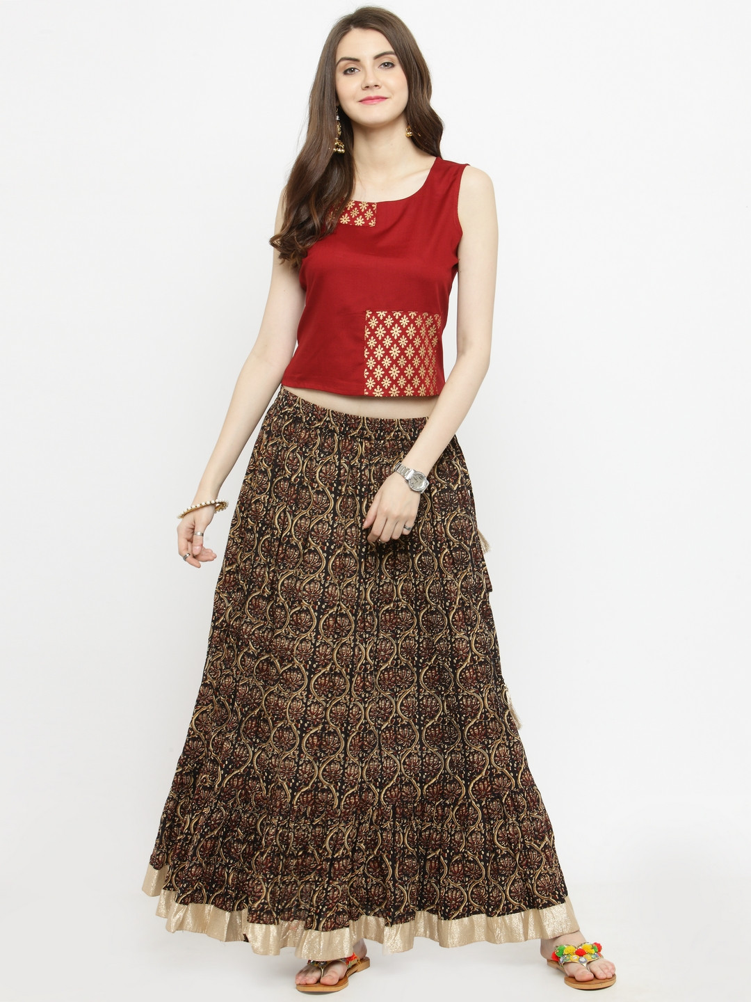 

Varanga Rust Gold Crop Top With Kalamkari Printed Skirt, Red