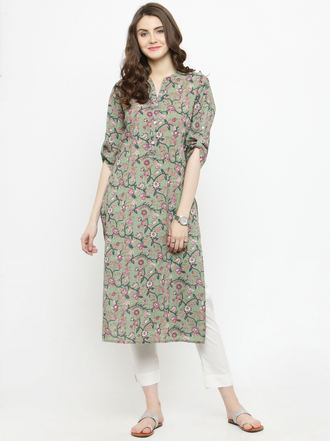 

Varanga Women Green & White Printed Kurta with Trousers