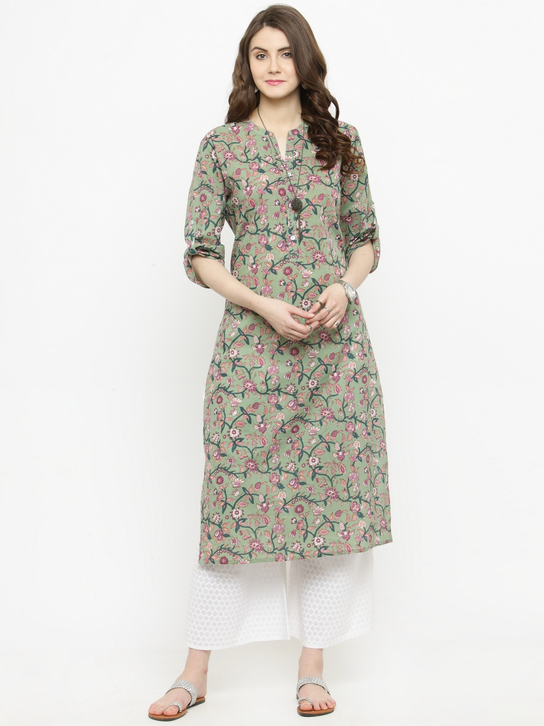 

Varanga Women Green & White Printed Kurta with Palazzos