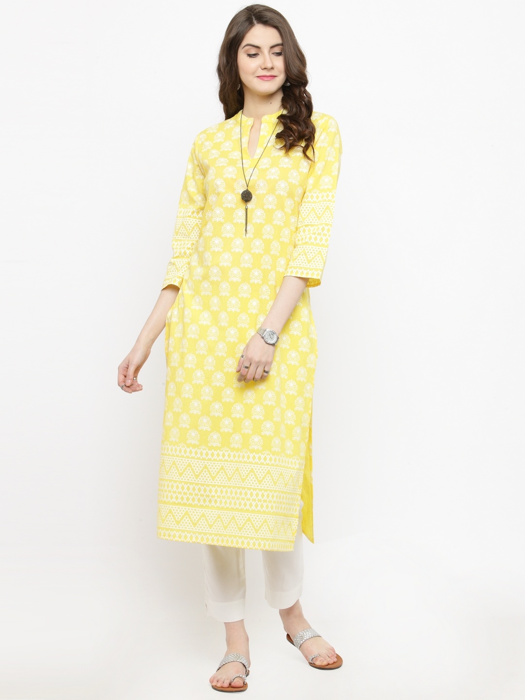 

Varanga Women Yellow & White Printed Kurta with Trousers