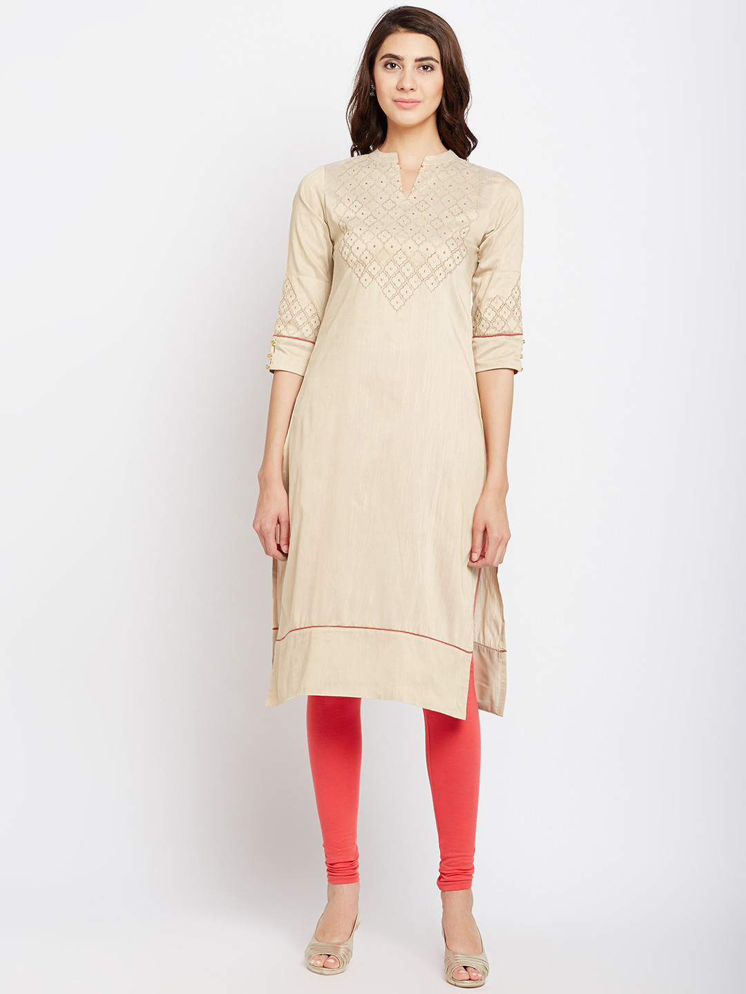 

Span Women Beige Embroidered Detail Straight Kurta