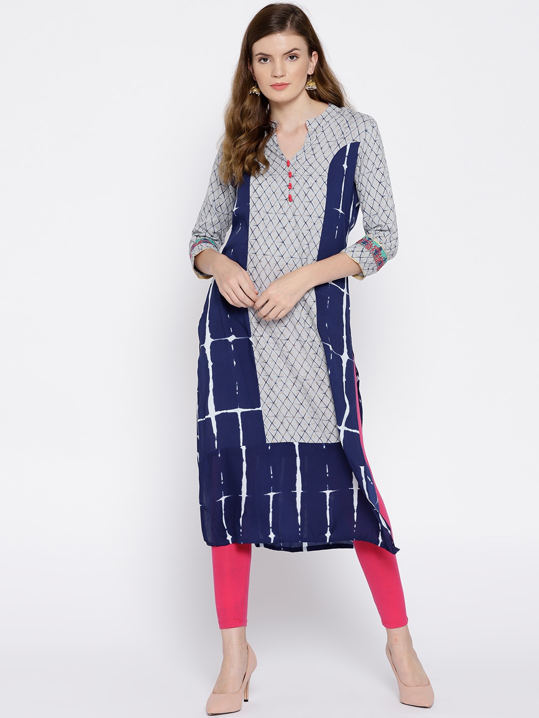 

Span Women Grey & Blue Checked Straight Kurta