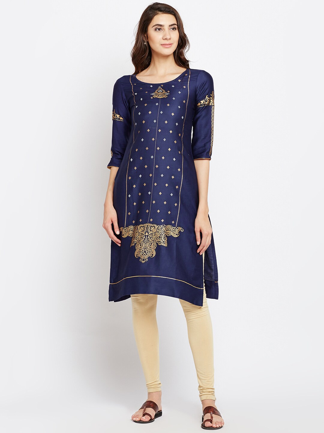 

Span Women Navy Blue & Golden Printed Straight Kurta