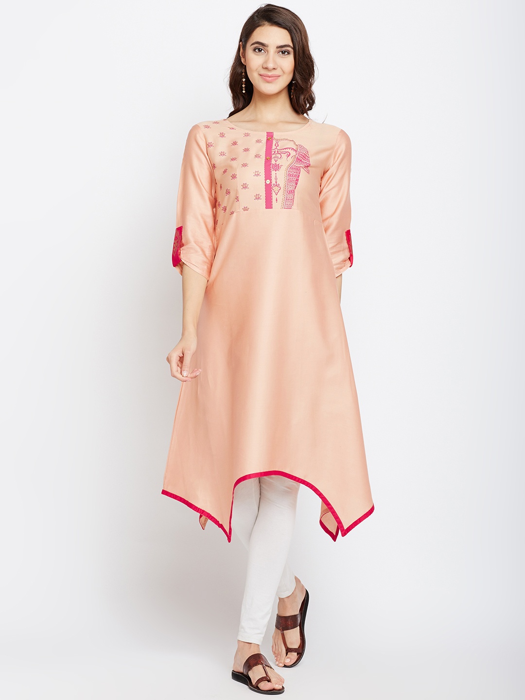 

Span Women Peach-Coloured Printed A-Line Asymmetric Kurta