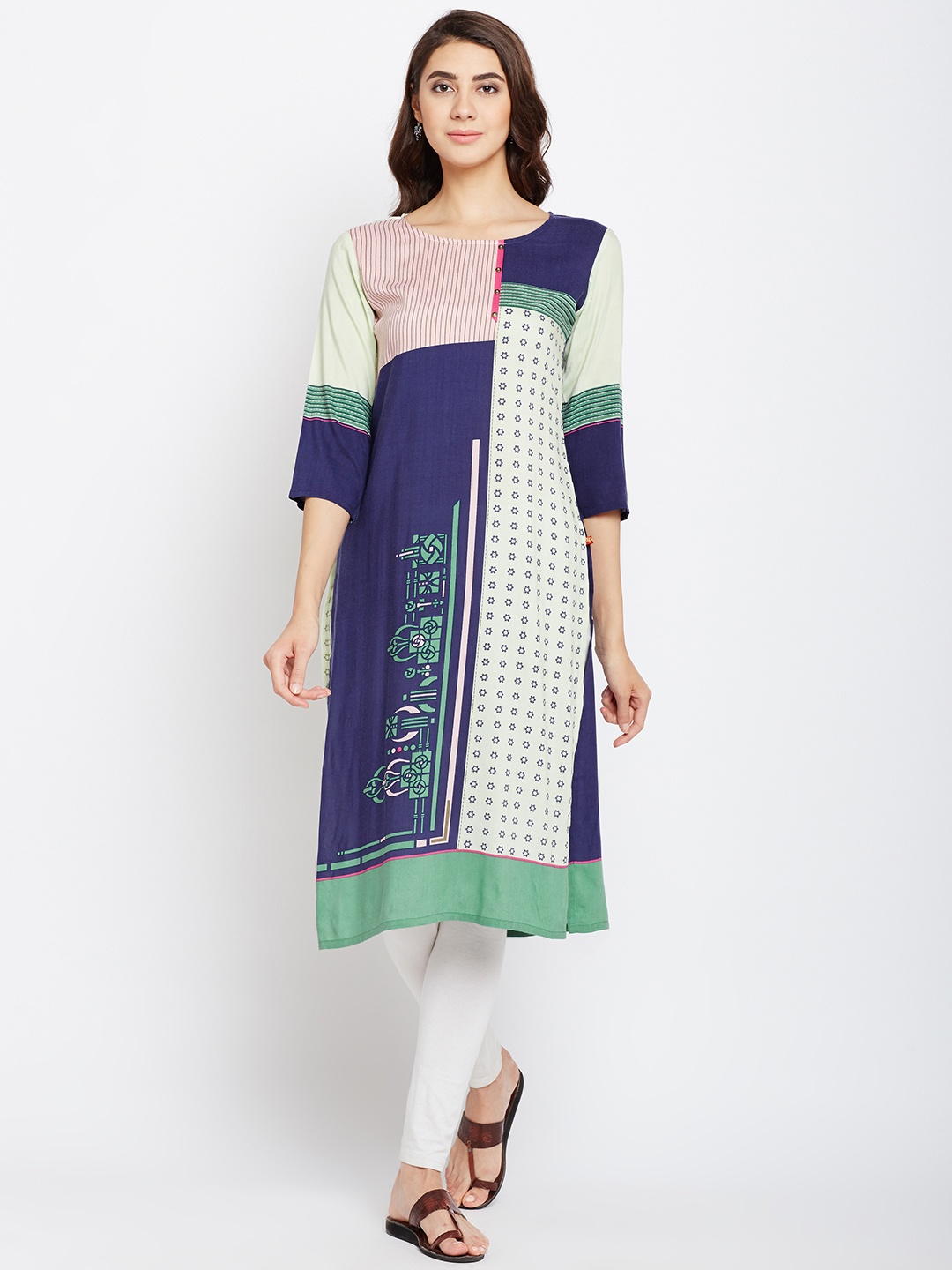 

Span Women Navy Blue & Green Printed Straight Kurta