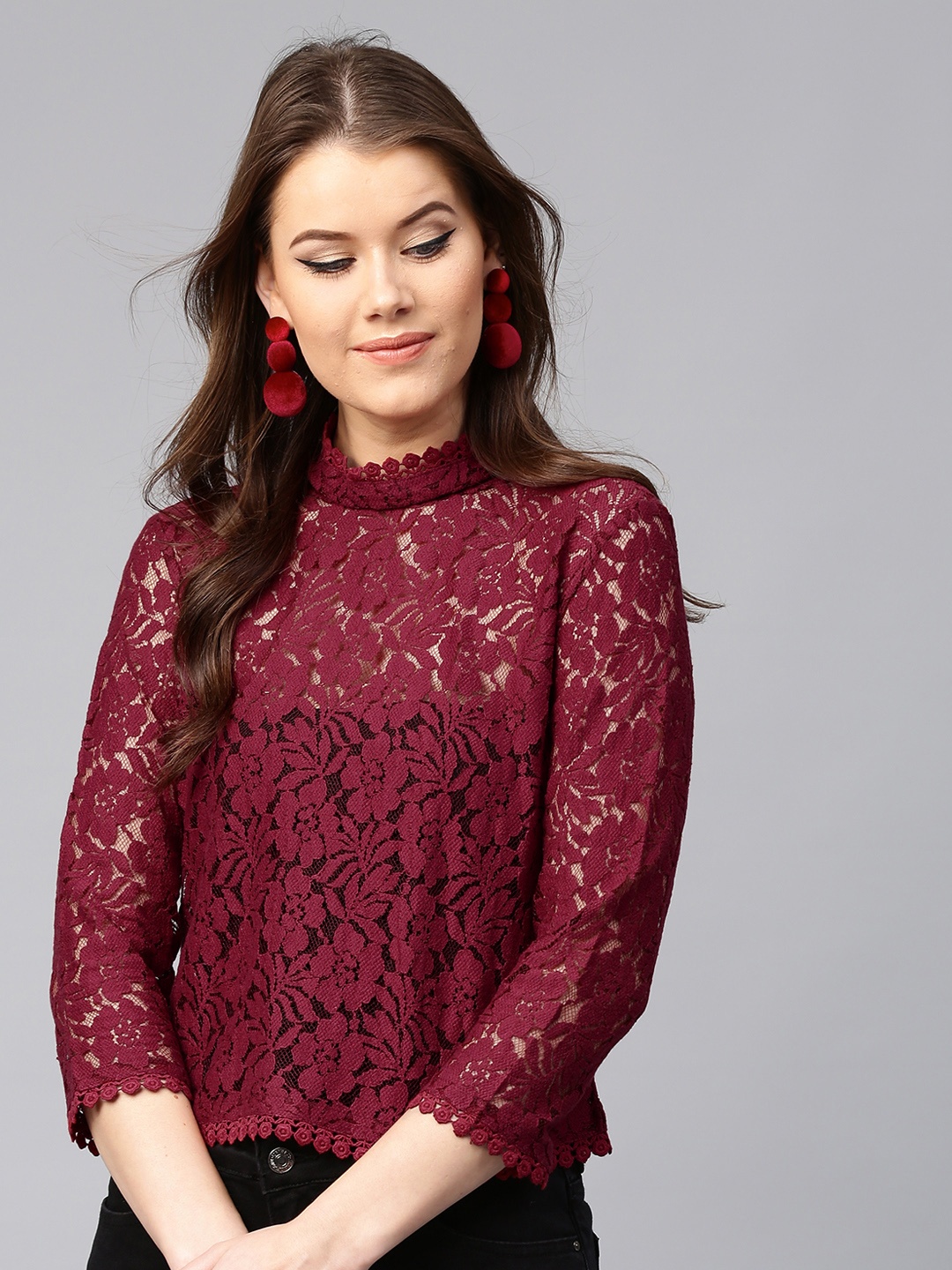 

SASSAFRAS Women Maroon Lace Pure Cotton Top