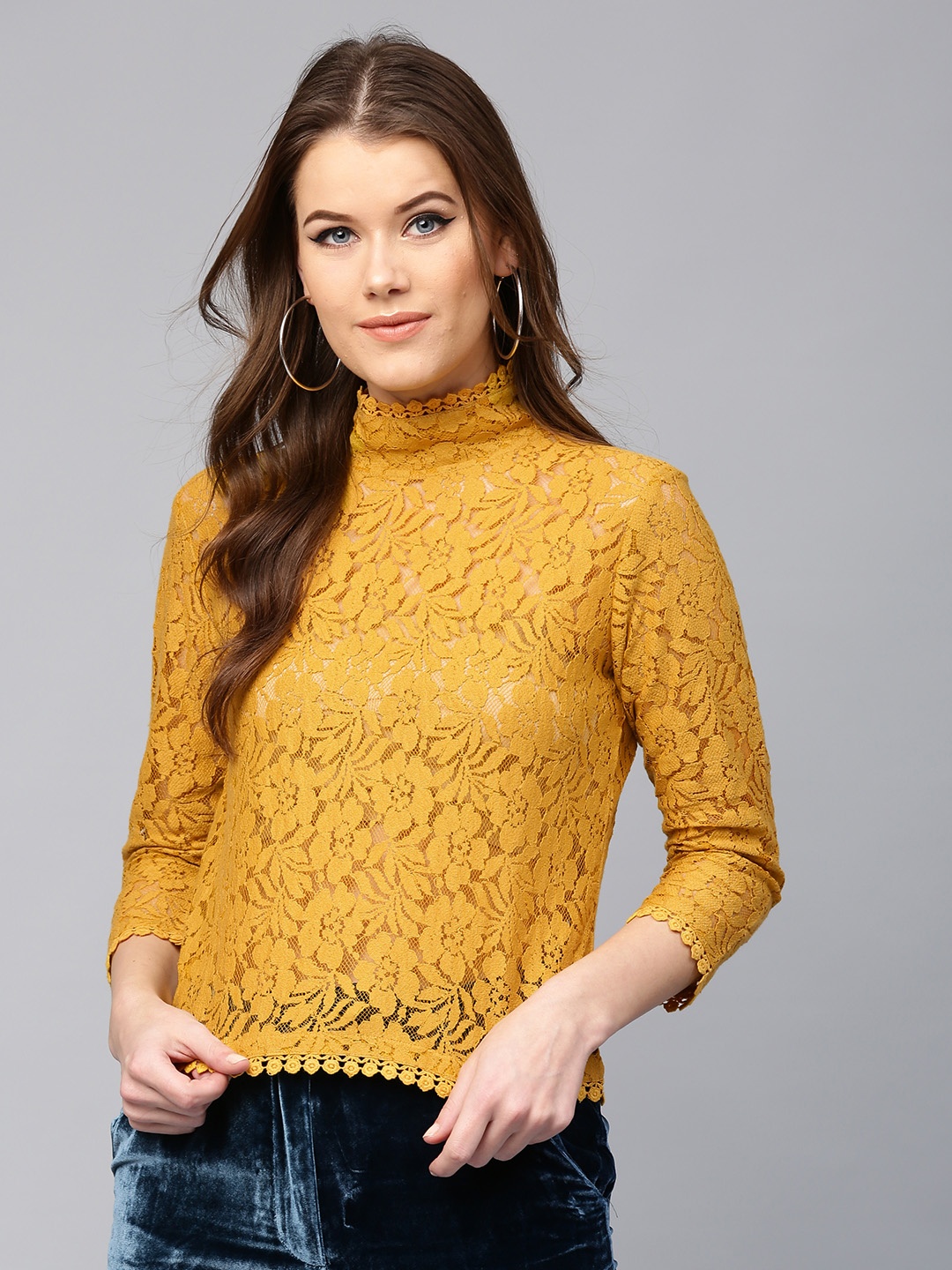 

SASSAFRAS Women Mustard Yellow Lace Pure Cotton Top