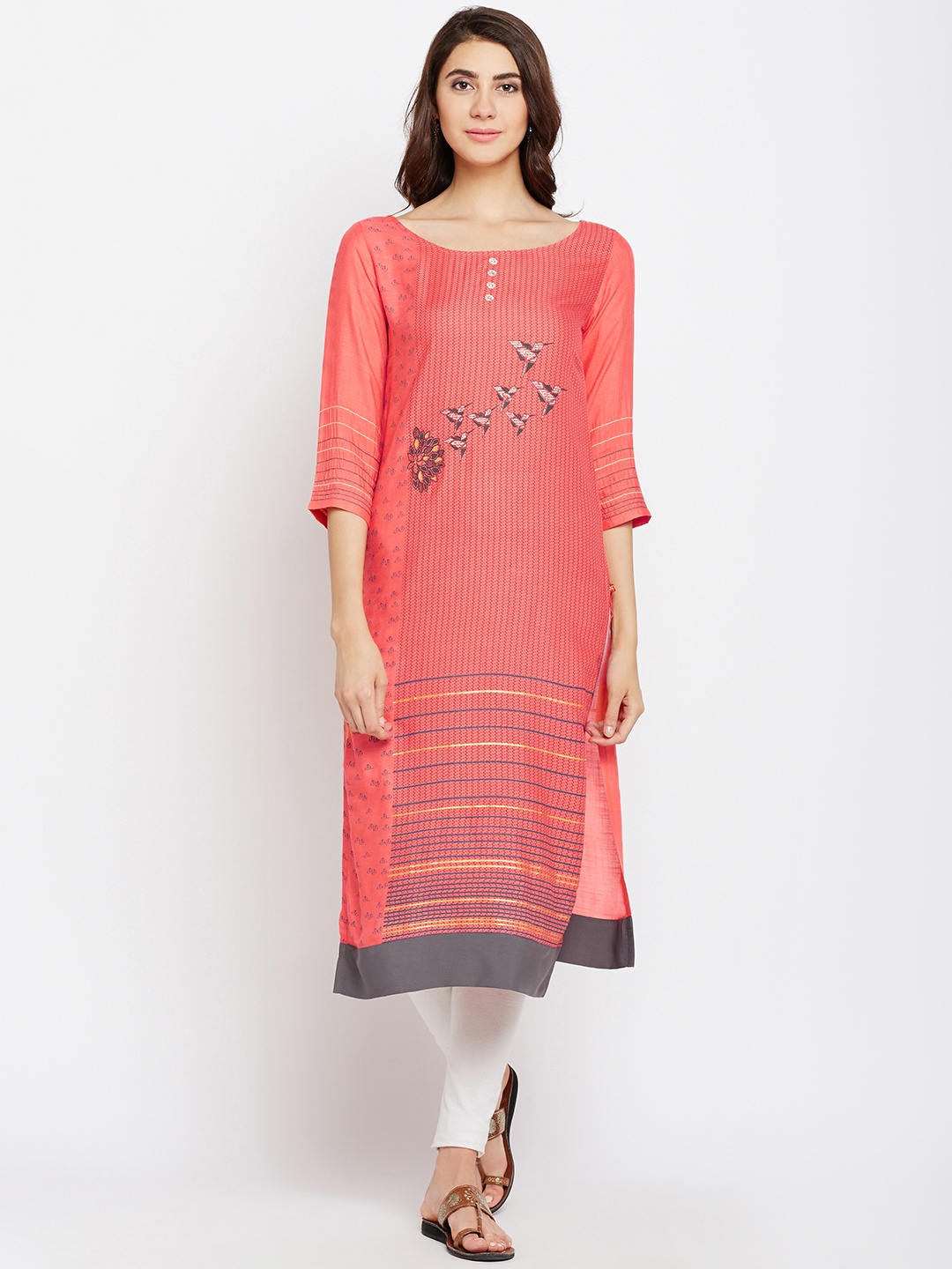 

Span Women Peach-Coloured Printed Straight Kurta
