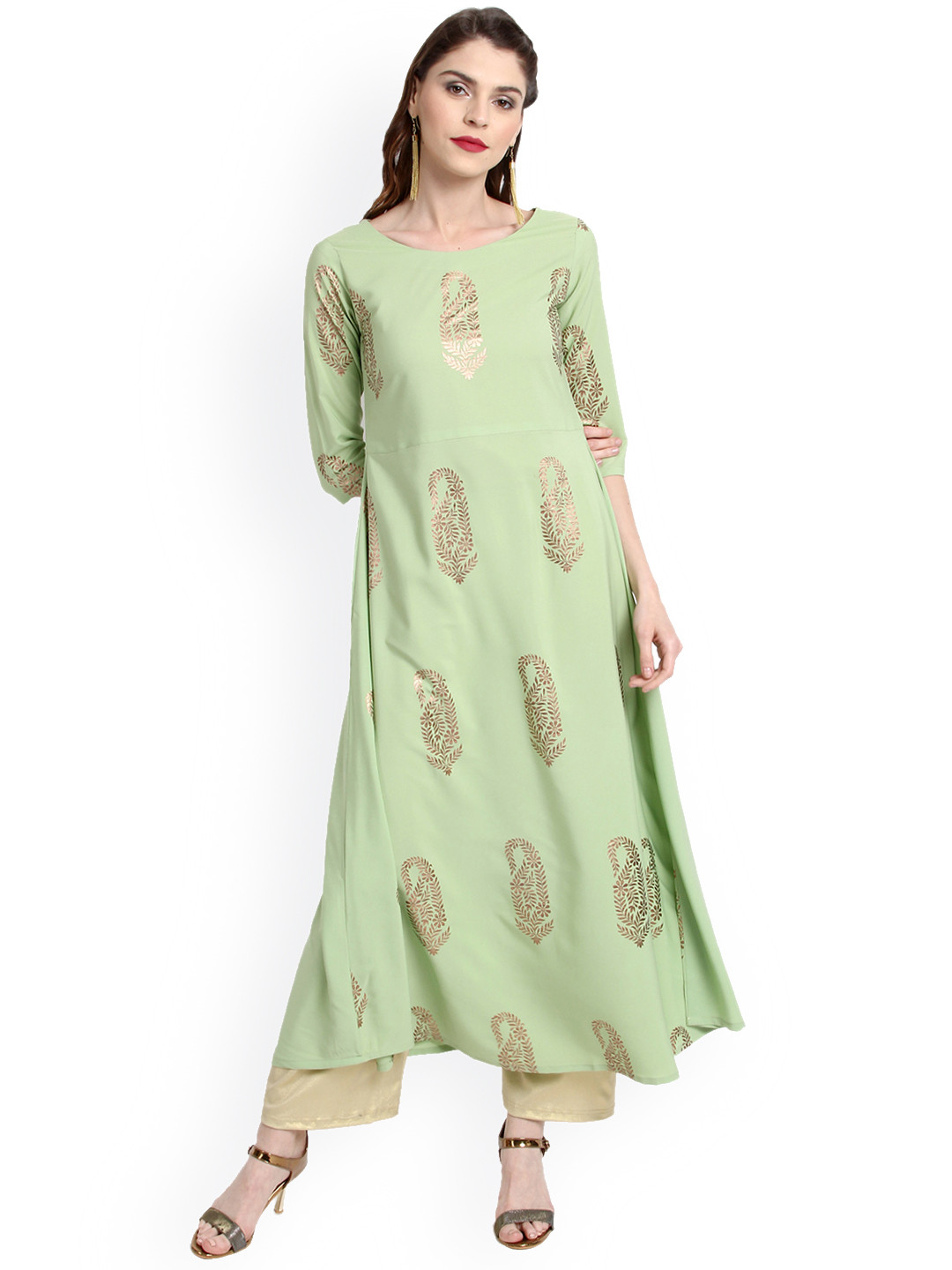 

Janasya Women Green Printed A-Line Kurta