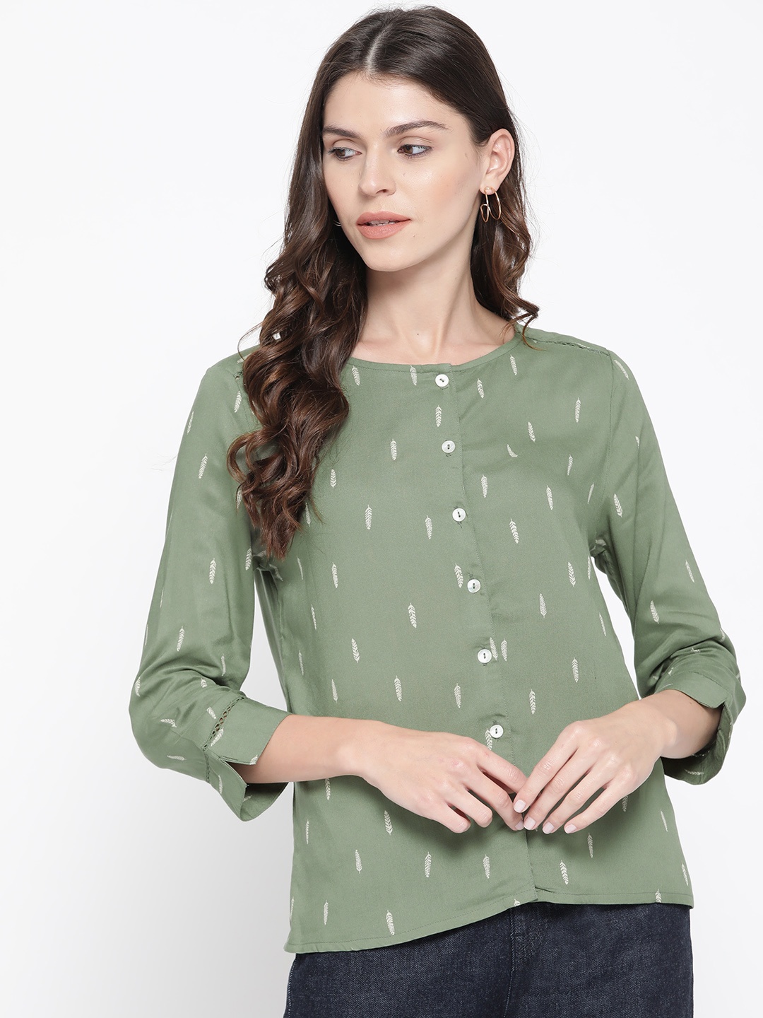 

RARE ROOTS Women Green & Off-White Printed Top