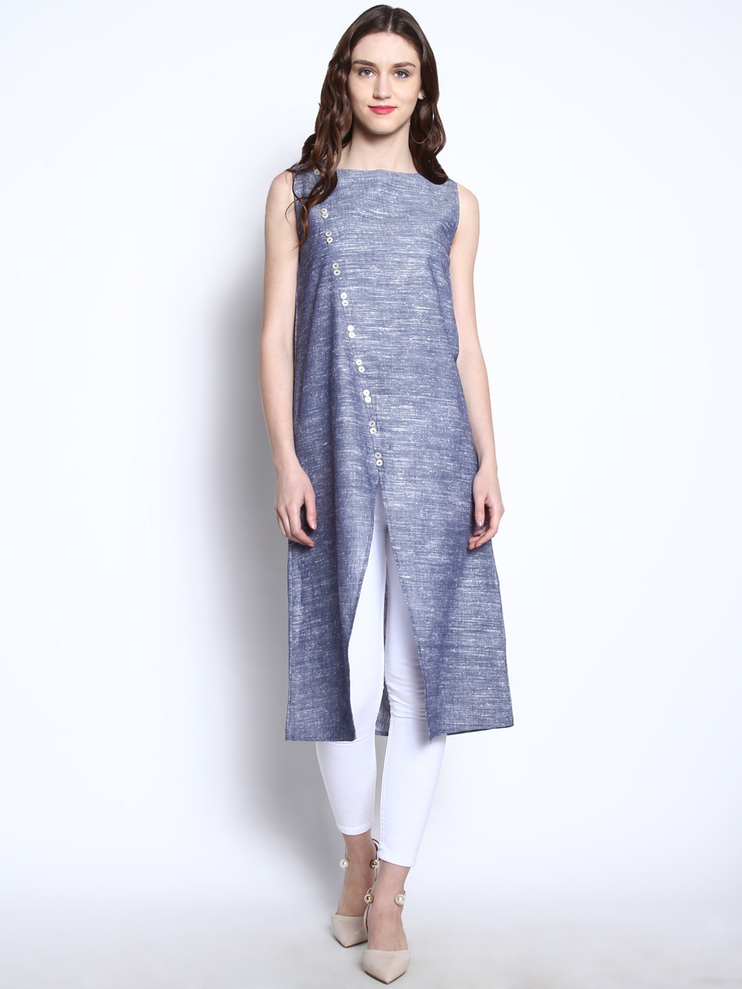 

RARE ROOTS Women Blue & White Solid A-Line Kurta