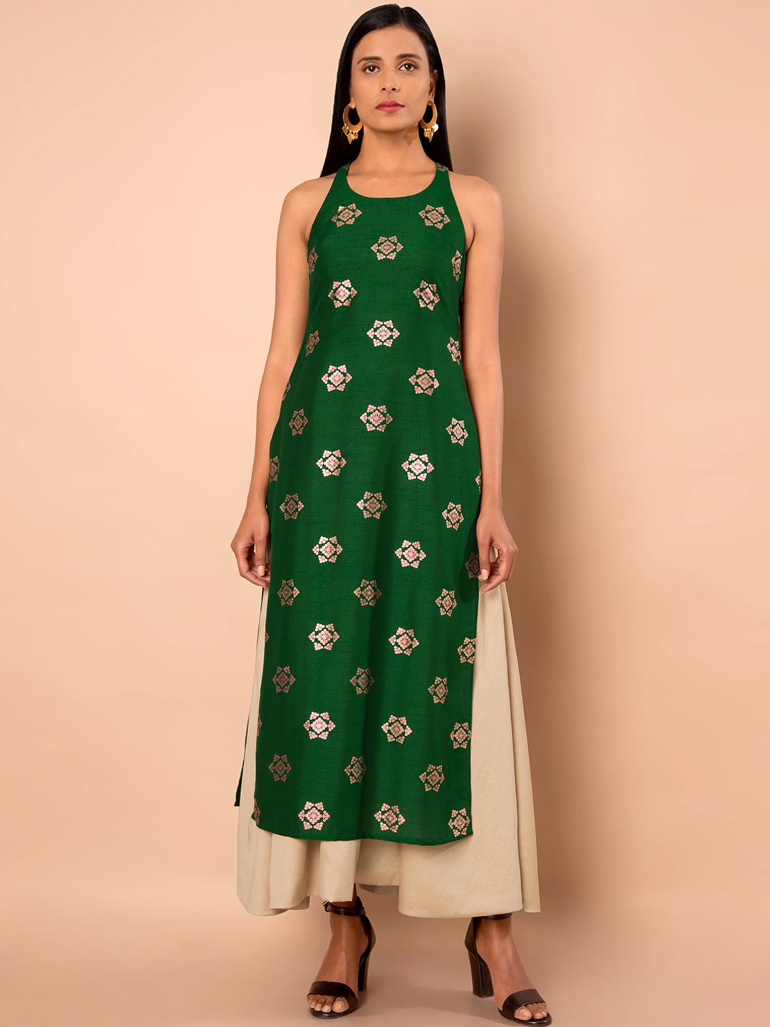 

INDYA Women Green & Gold-Toned Printed Straight Kurta with Attached Skirt