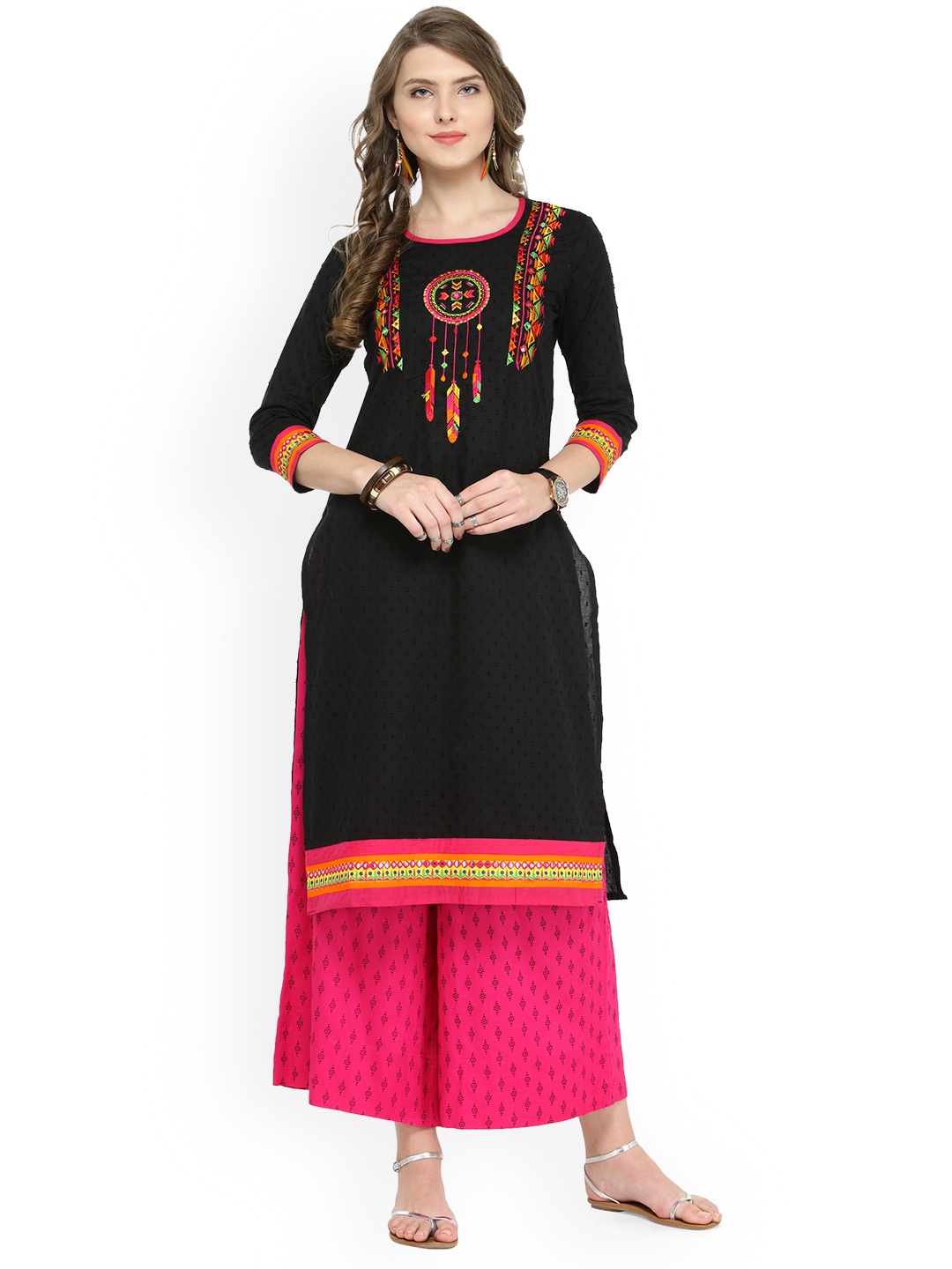 

Varanga Women Black & Pink Printed Kurta with Palazzos